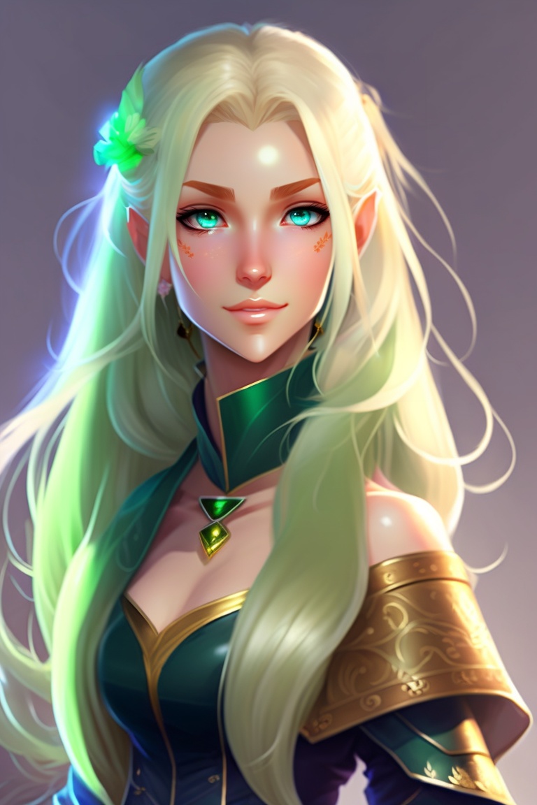 Lexica - A portait, female elf, long blond hair, blue eyes, serious ...