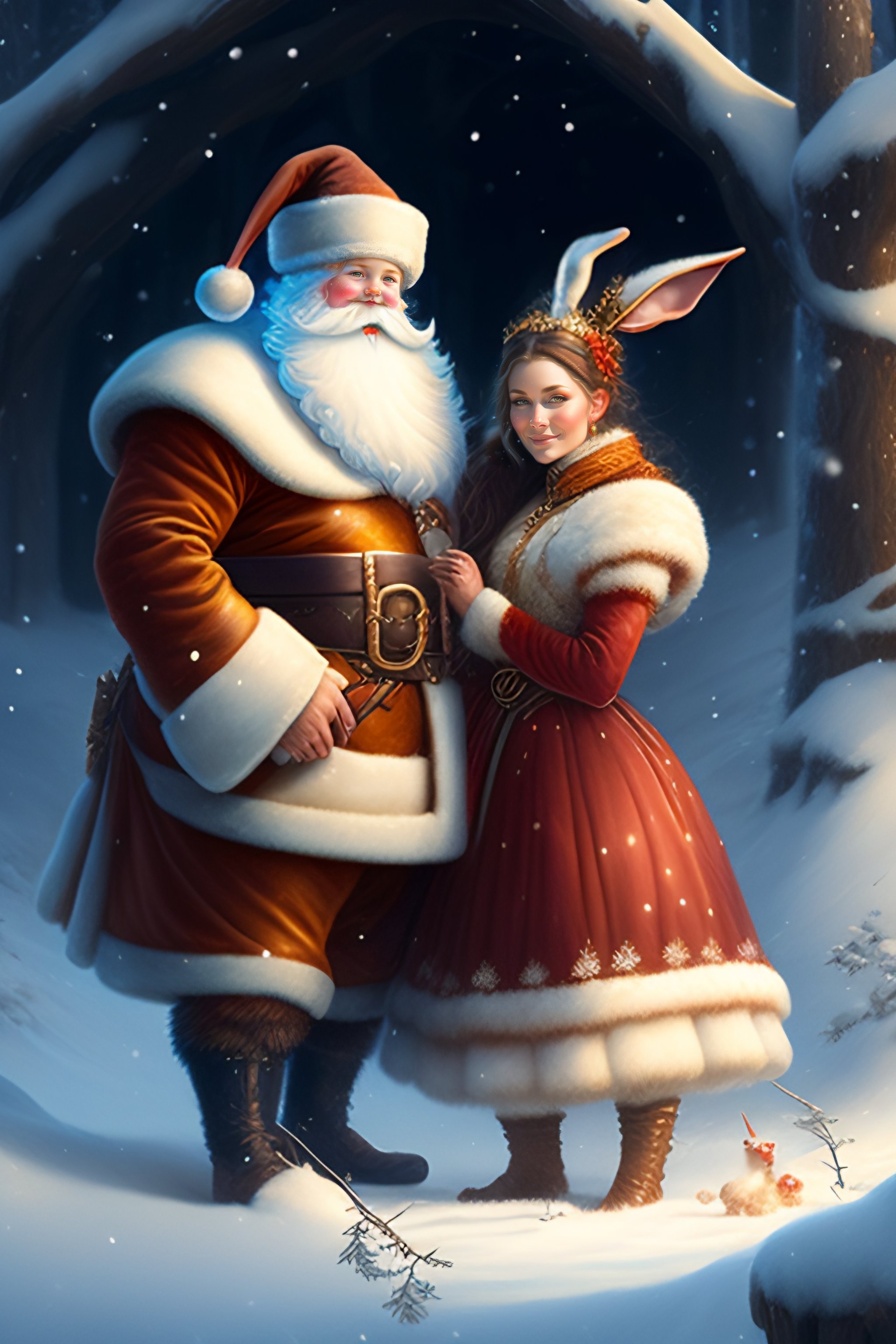 Lexica - New year's card, santa claus and snow maiden, hare, by justin ...