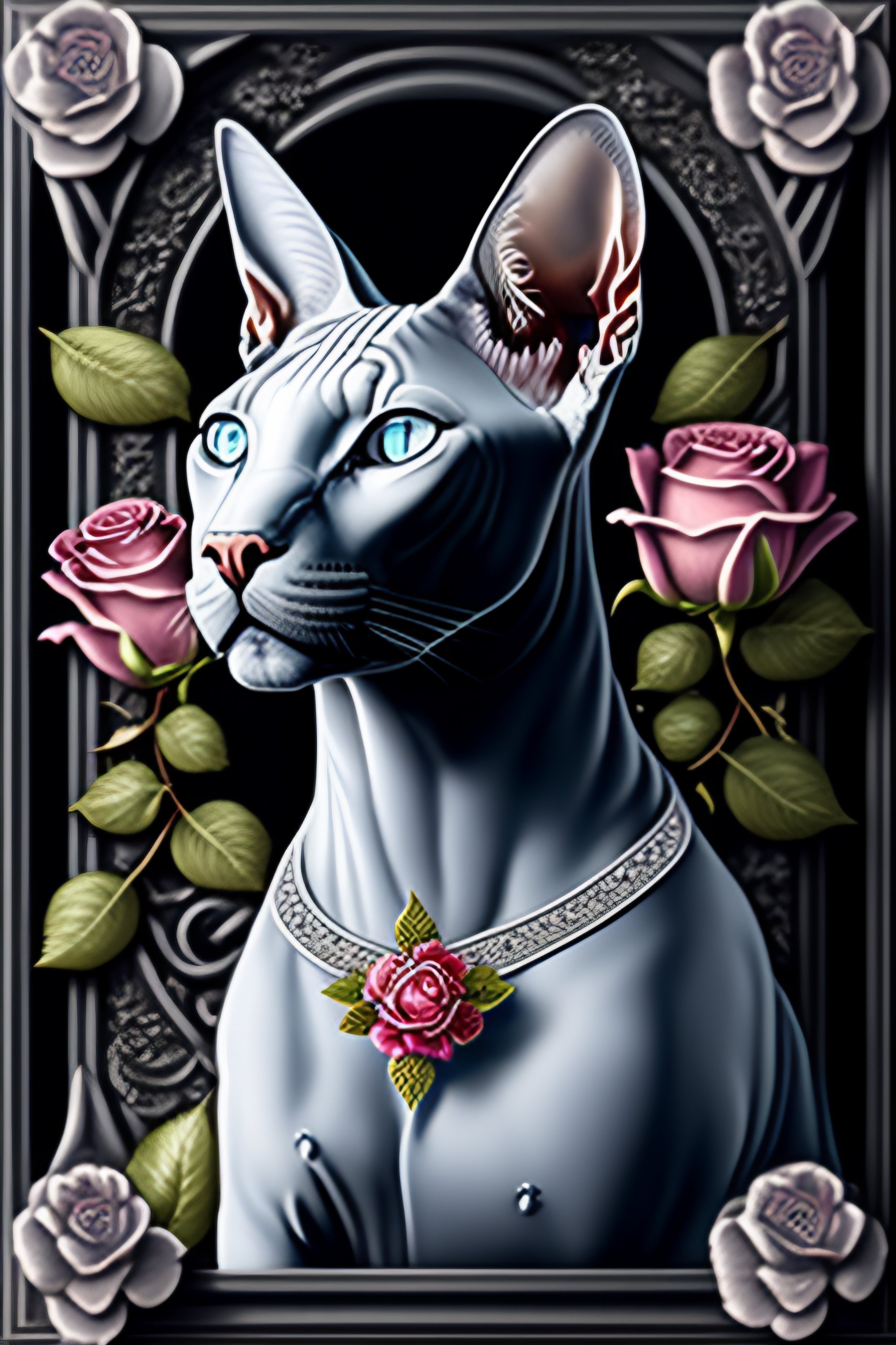 Lexica - All gray sphynx cat with blue eyes with classical roses ...