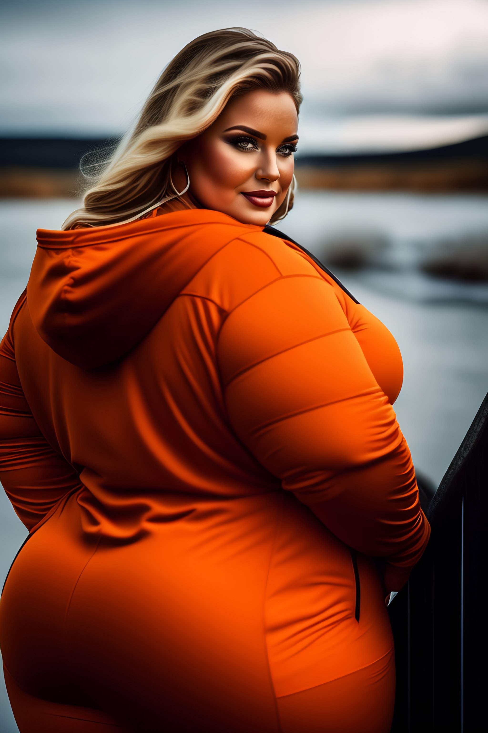 Lexica - Swedish plus size model with huge hips, blonde hair, big thighs,  wearing sweatpants, viewed from the side