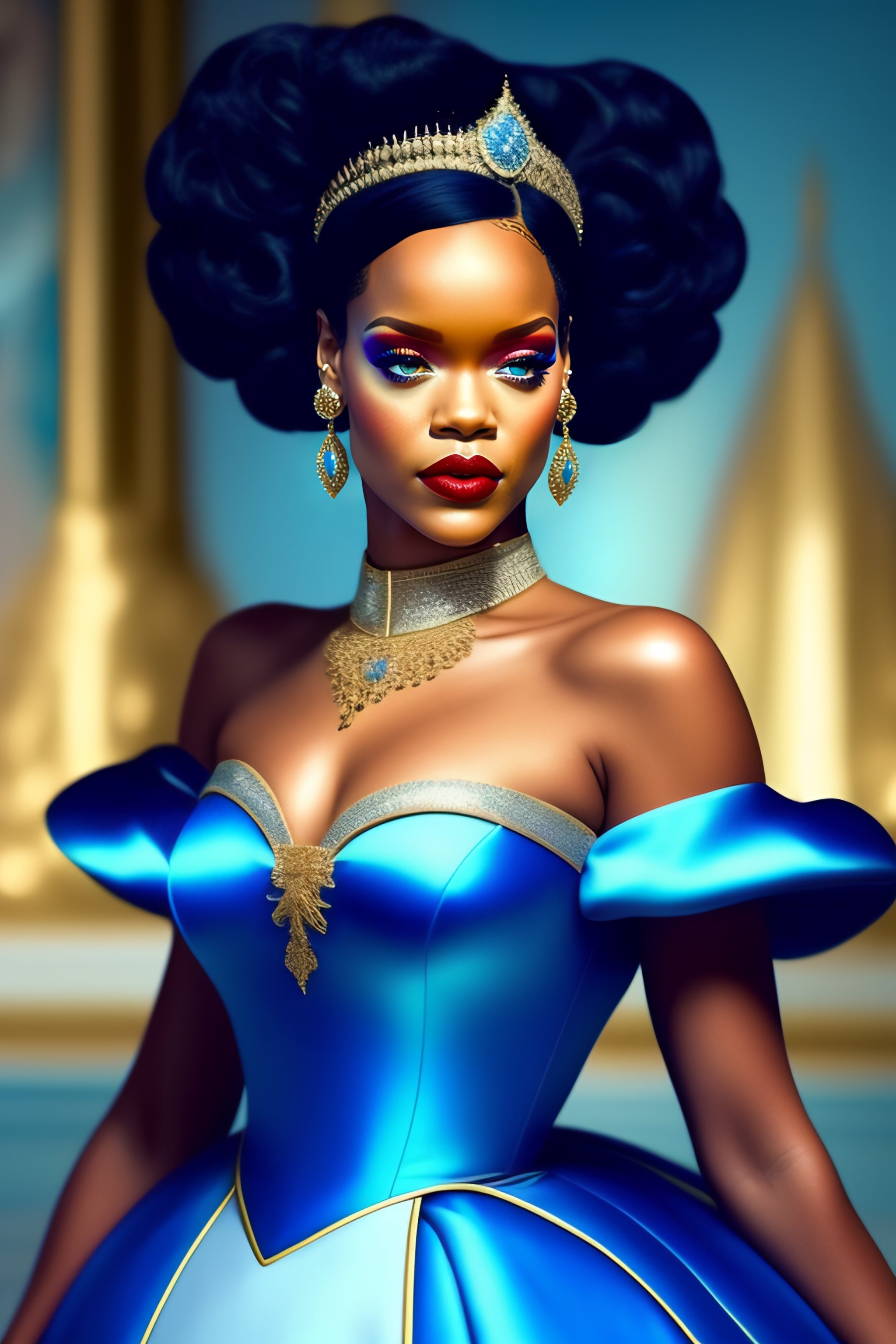 Lexica Rihanna as tiana from disney princess and the frog wearing blue dress beautiful tiara