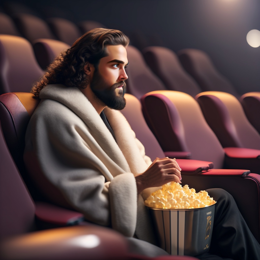 Lexica - Jesus, in a robe, front row in an empty dark movie theater ...