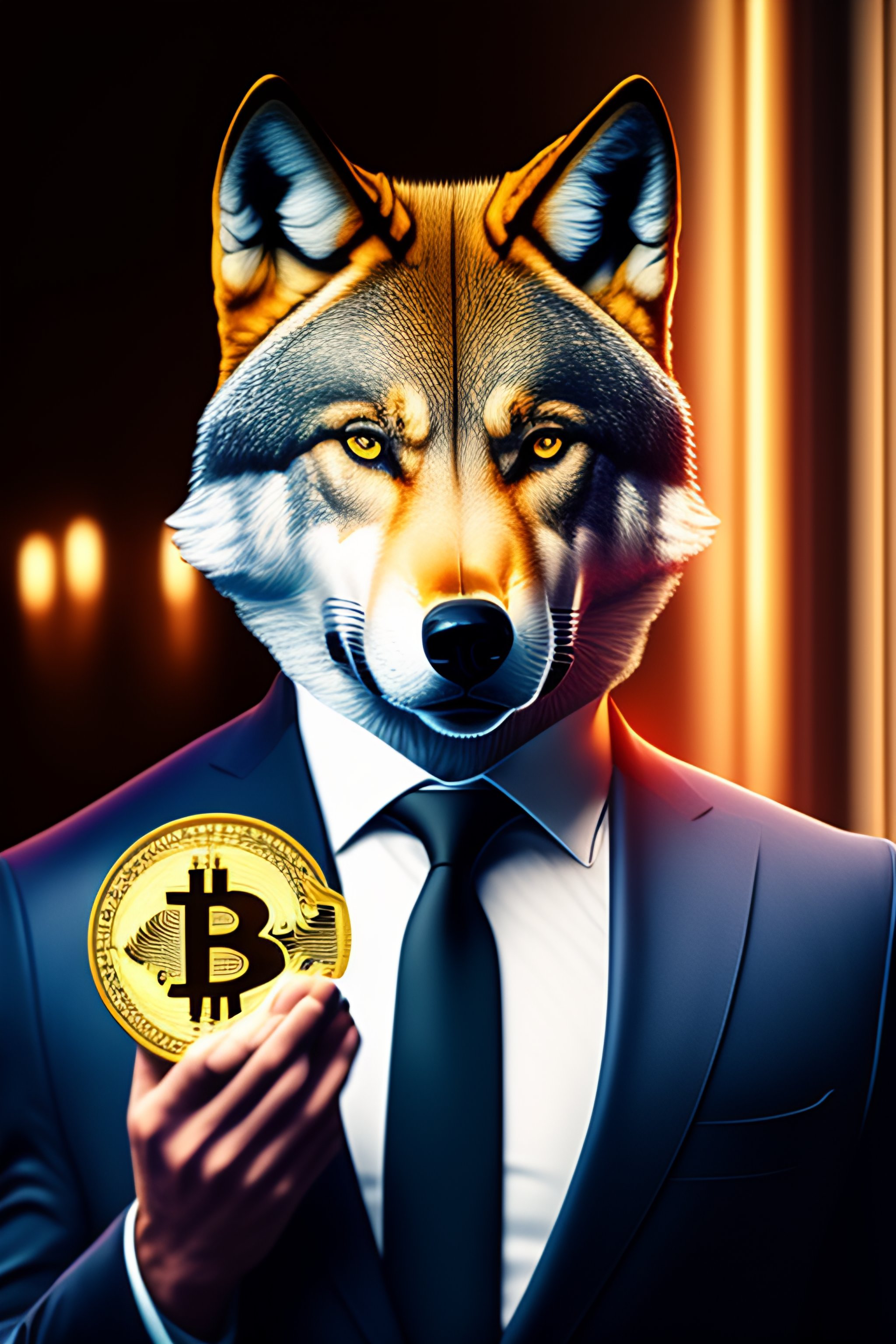 Lexica - A bitcoin wolf in a suit with Indian rupee on hand