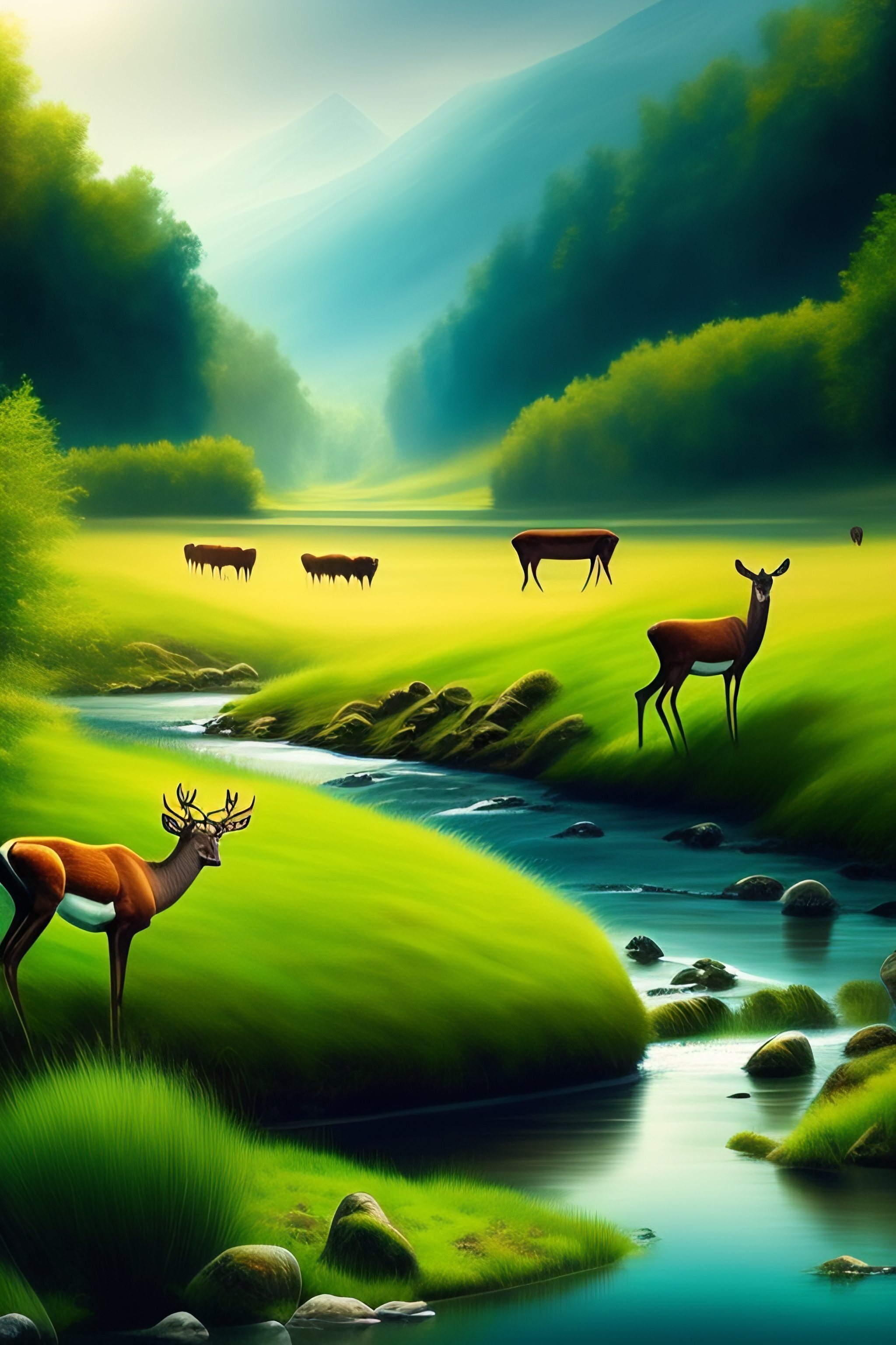 Lexica - A valley with a river flowing through it with green grass and ...