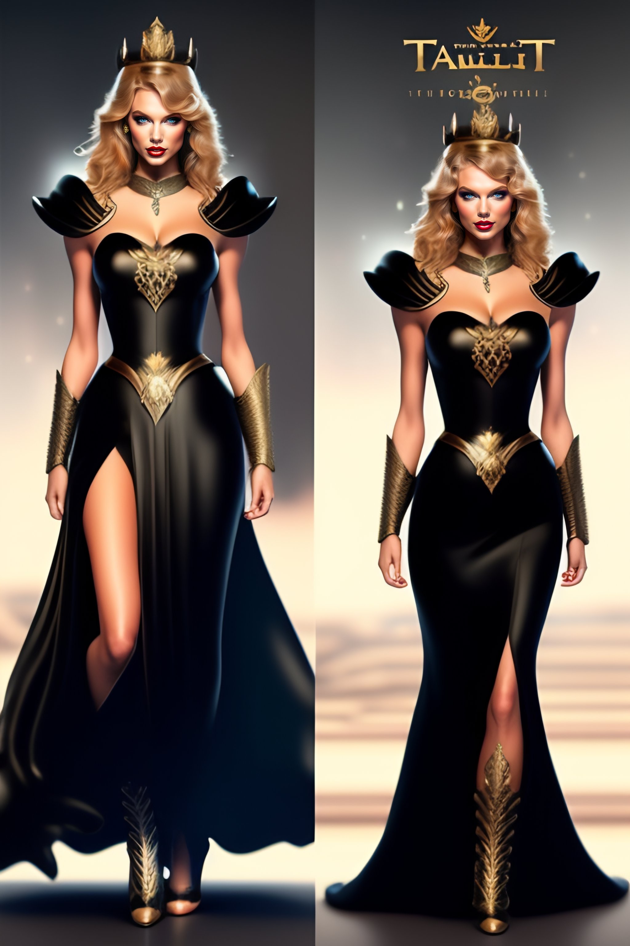 Lexica Taylor swift greek goddess black soft flowing gown online game character queen superpowers fantasy combative powerful vengeful long