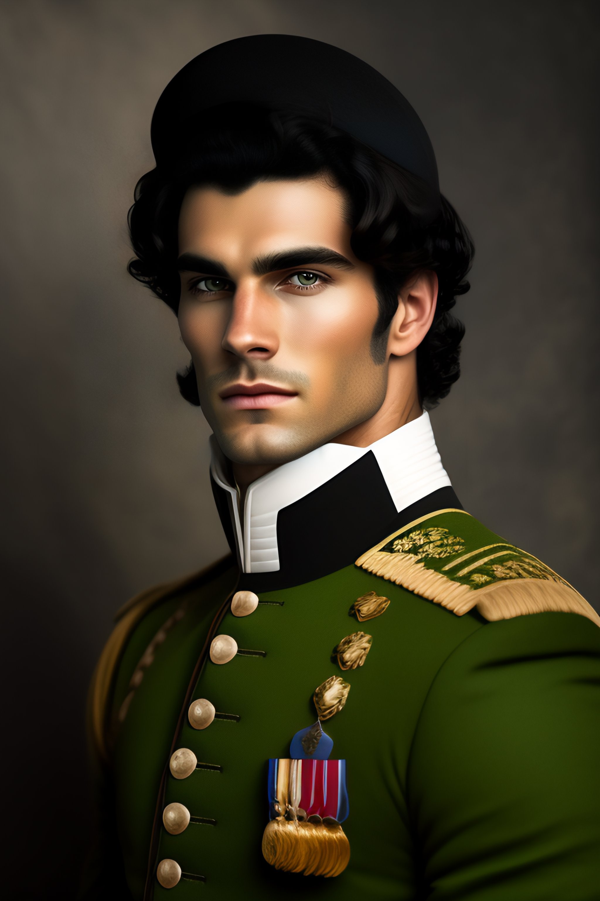 Lexica - Portrait handsome caucasian man in military uniform 18th century  black hair green eyes combed back hair