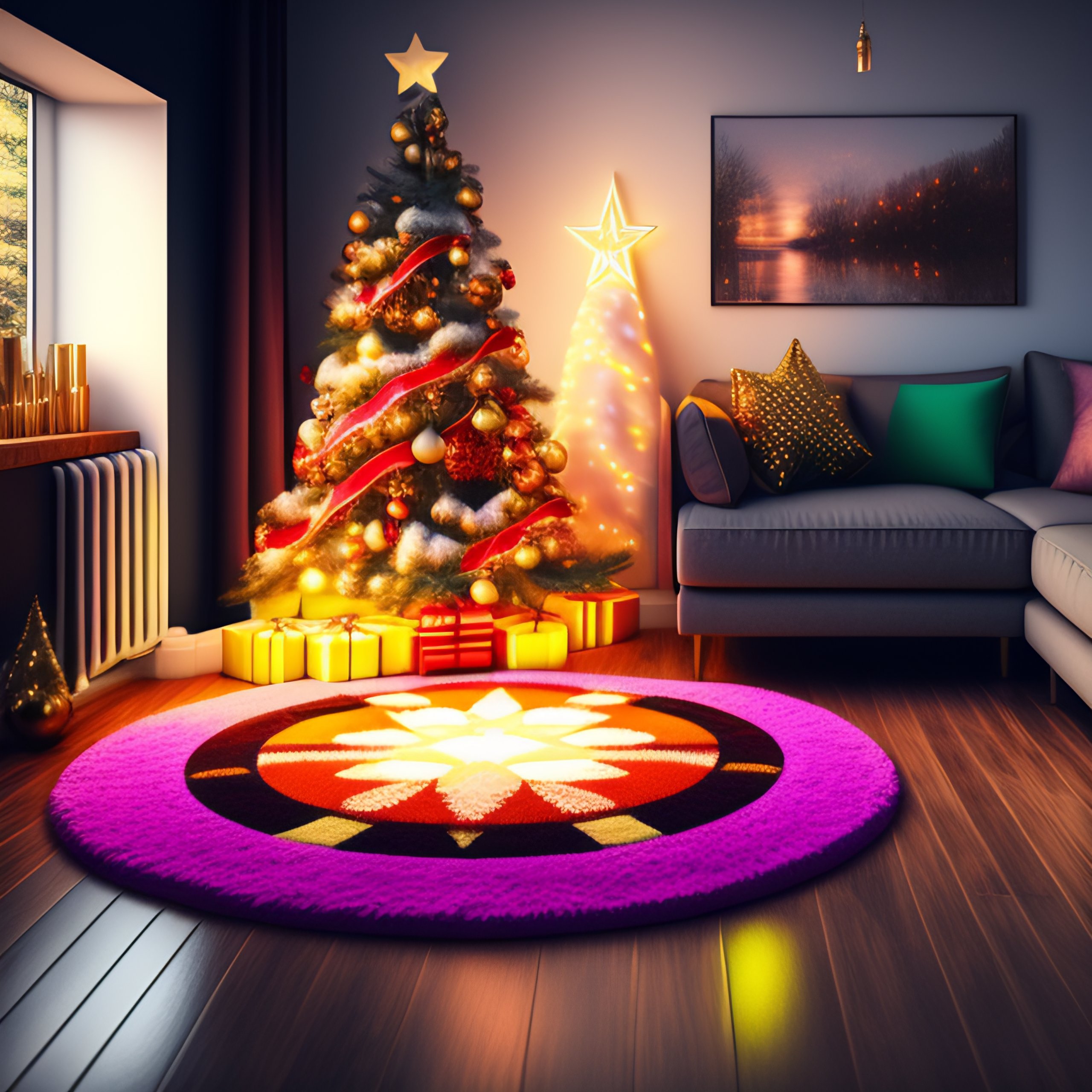 Lexica - Ultra angular photo of living room with Christmas decoration light  colors pastel tones Christmas tree with gifts central rug with board ...