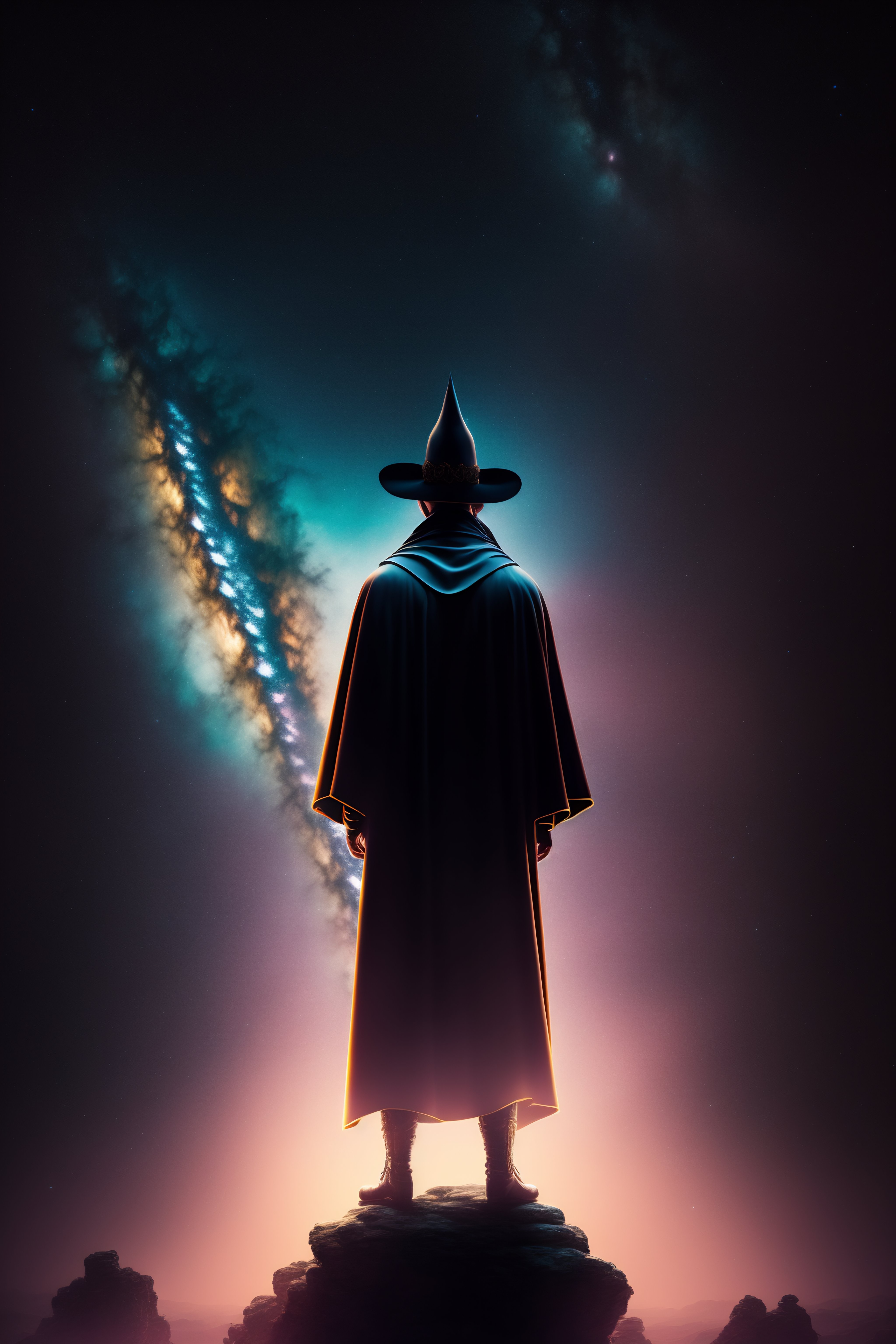 Lexica - Silhouette of a wizard in a robe and broad-brimmed pointed hat ...