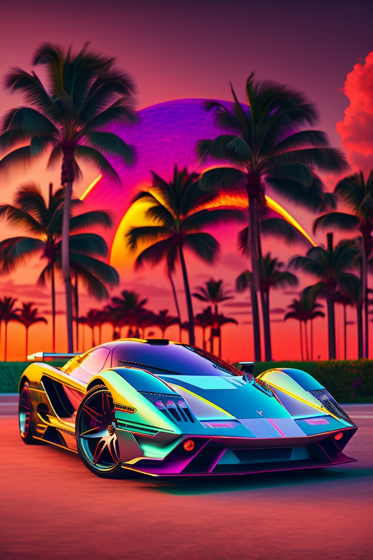 Lexica - Retrowave, Miami, palm trees, supercar, sun, realistic ...