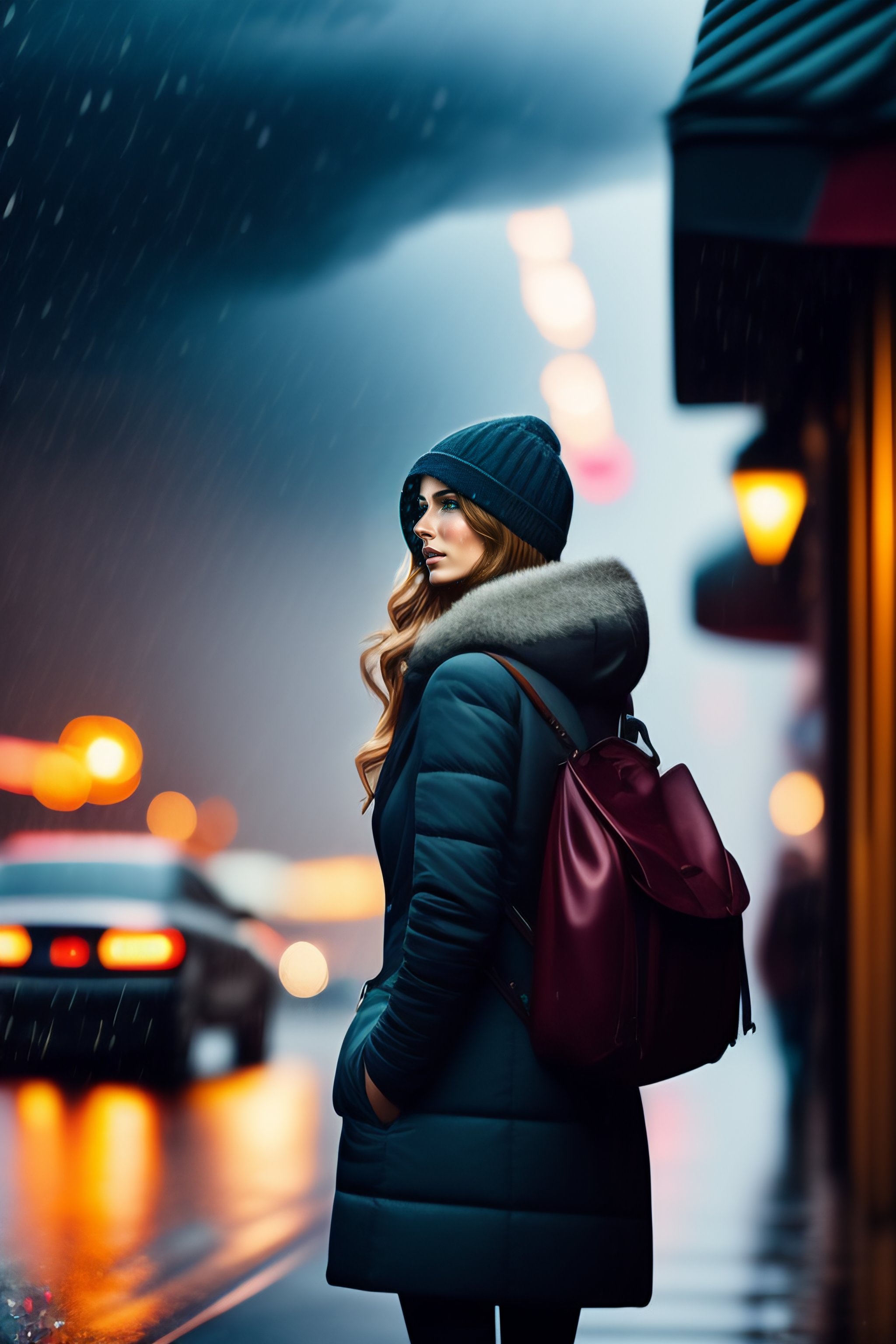 Lexica - A beautiful girl walking in a street midnight with rain and ...