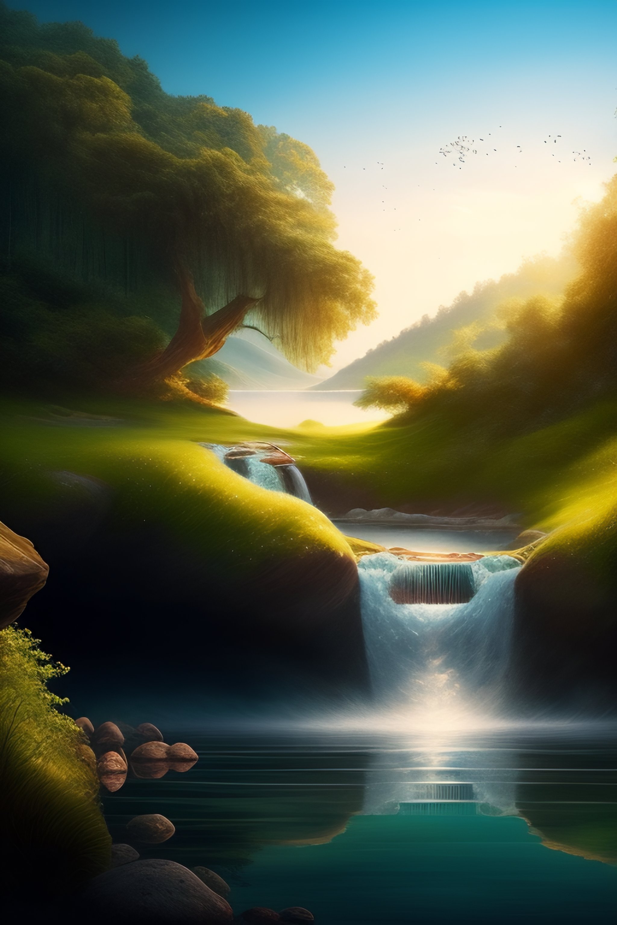 Lexica - A young girl facing us with her feet in the water of a stream ...