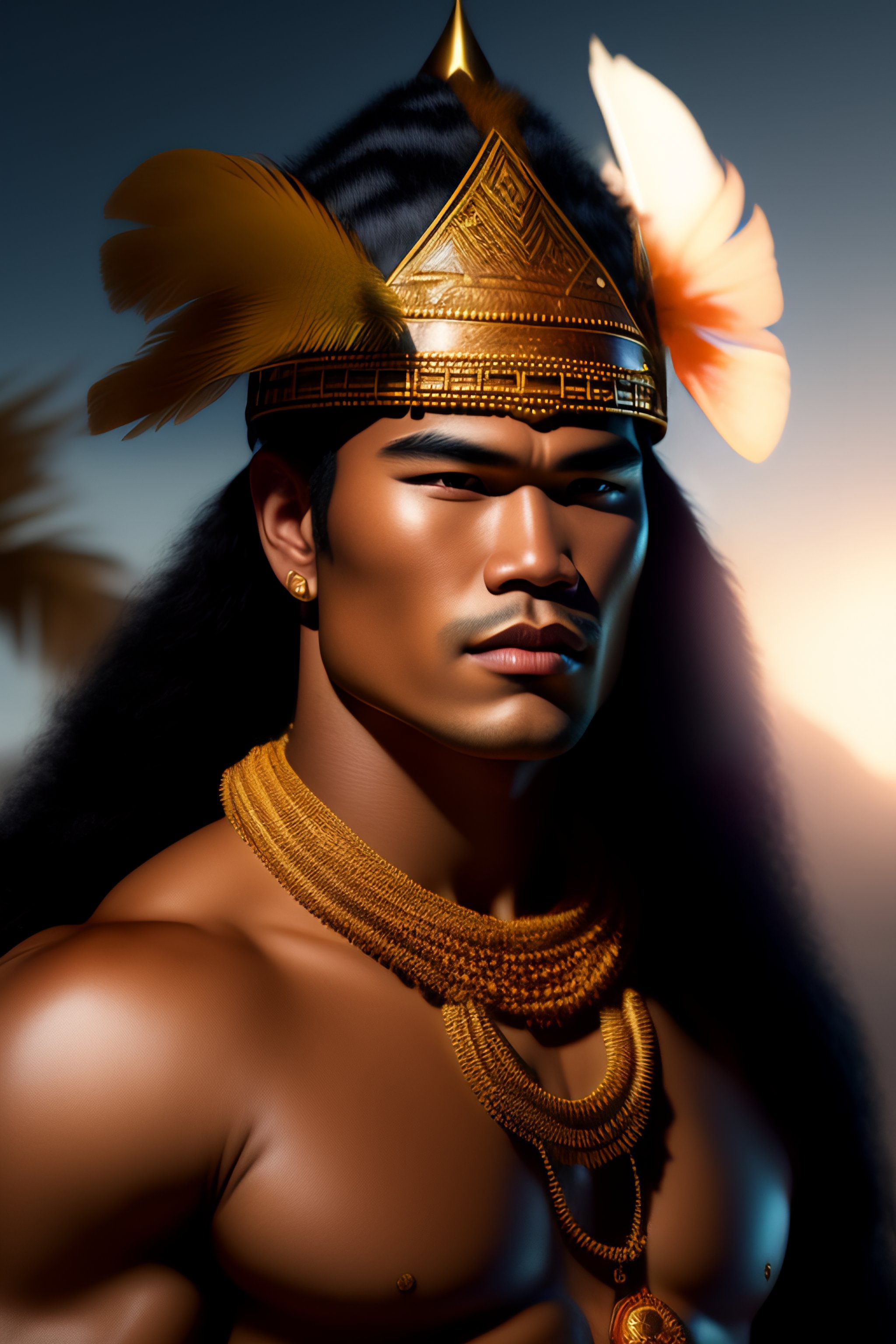 Lexica - Beautiful portrait depicted a polynesian ethnic group warlord,  samoan young male face, clothed with shell beads, bamboo artifacts,  leather,...