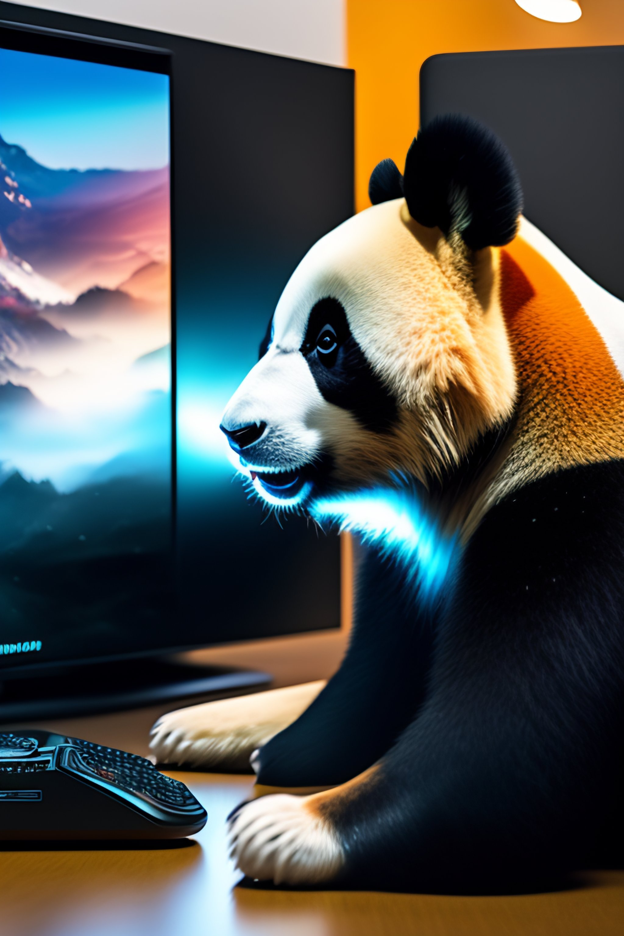 Lexica - Panda gaming in front of a pc with headphones