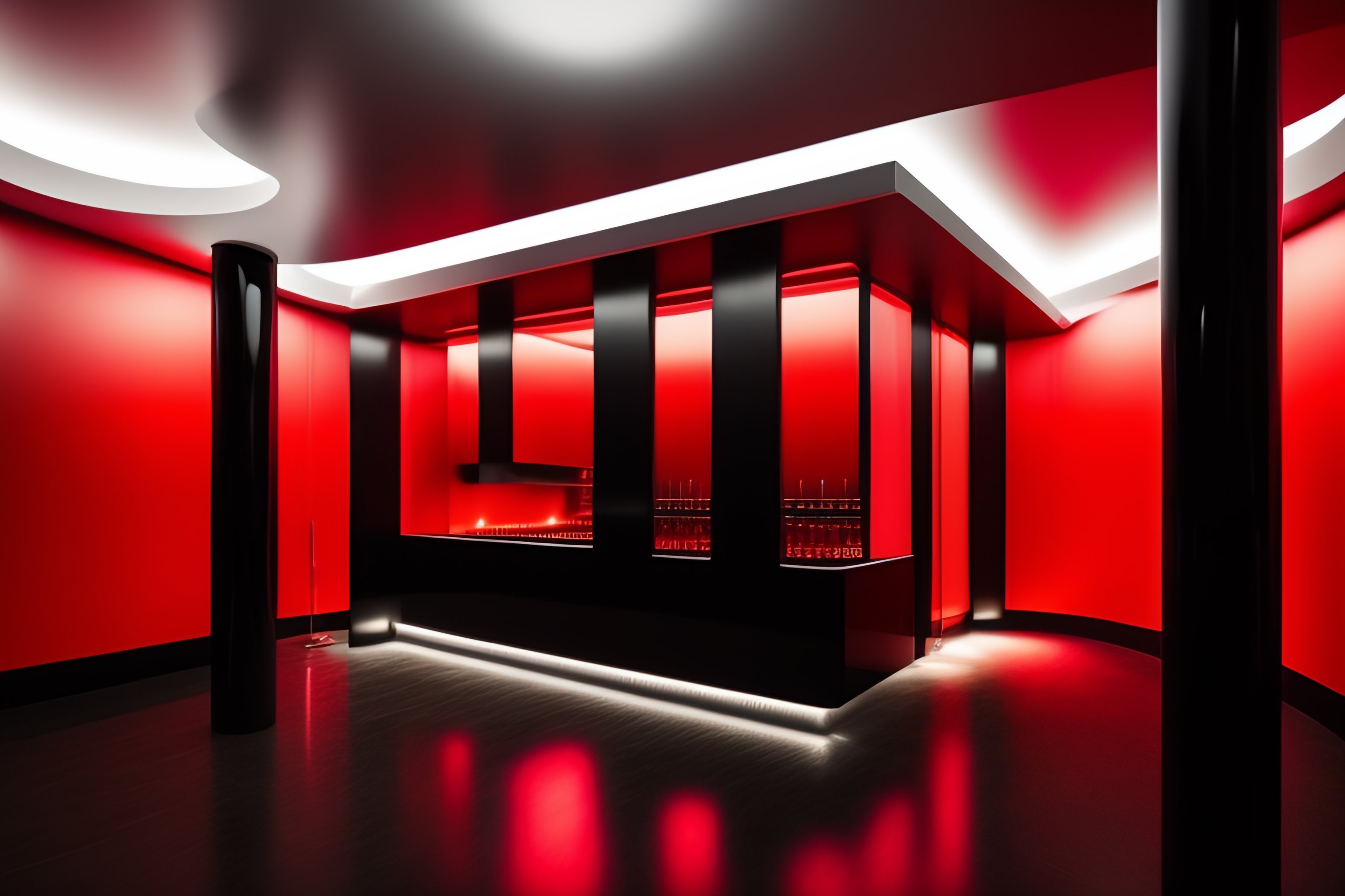 Lexica - Black and red nightclub interior, square shapes