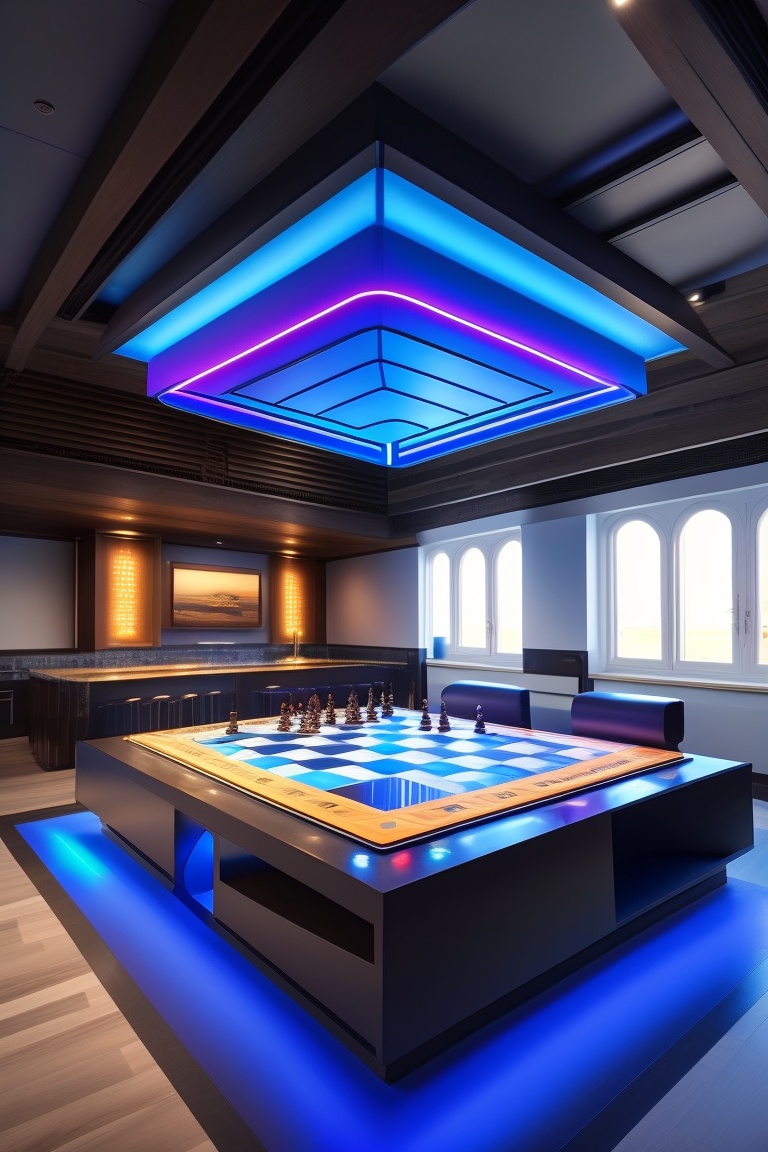 Lexica - Big floor plan , Chessington ,chess game , sky-blue neon light
