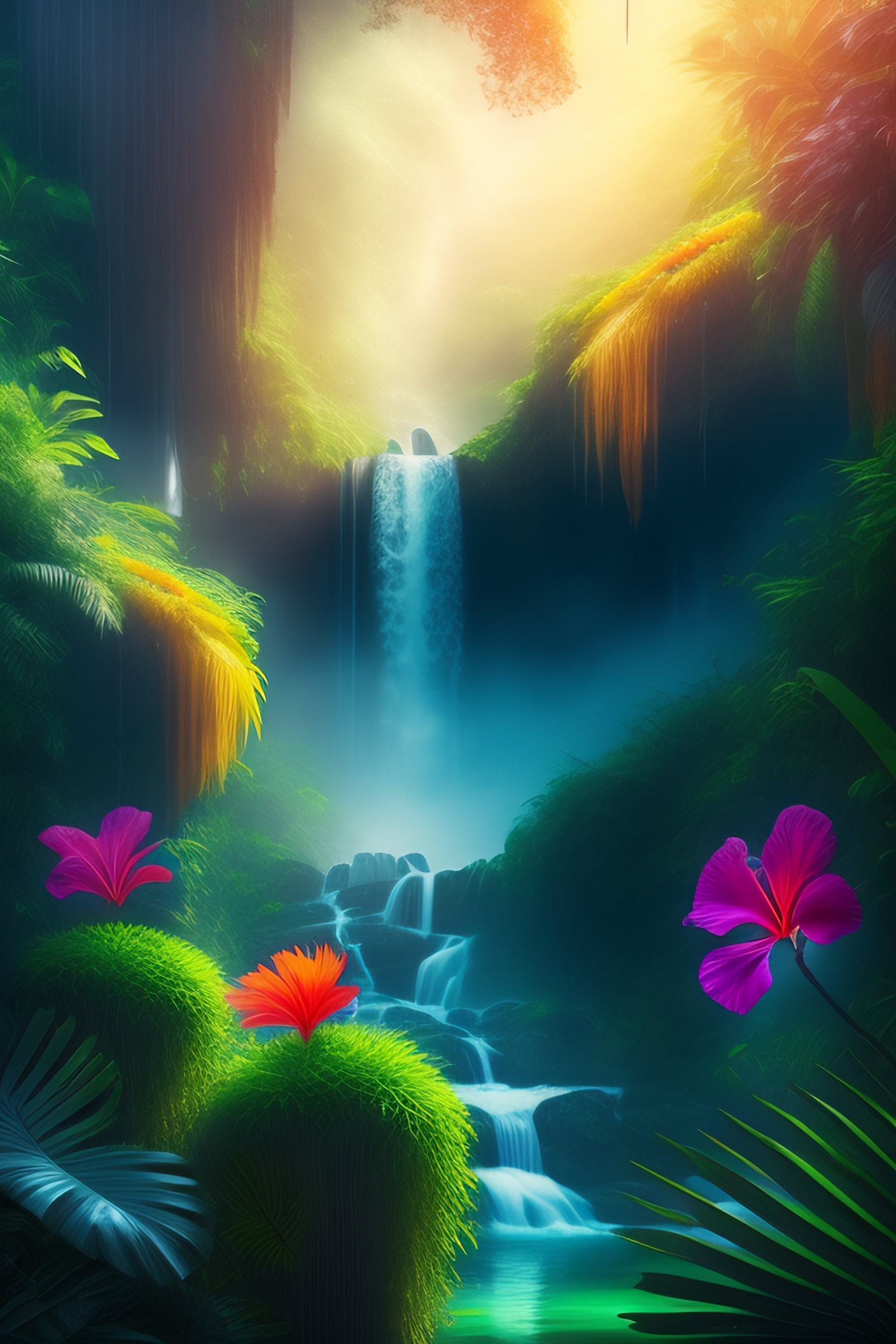 Lexica - Hibiscus, jungle, waterfall mist, birds of paradise, award ...