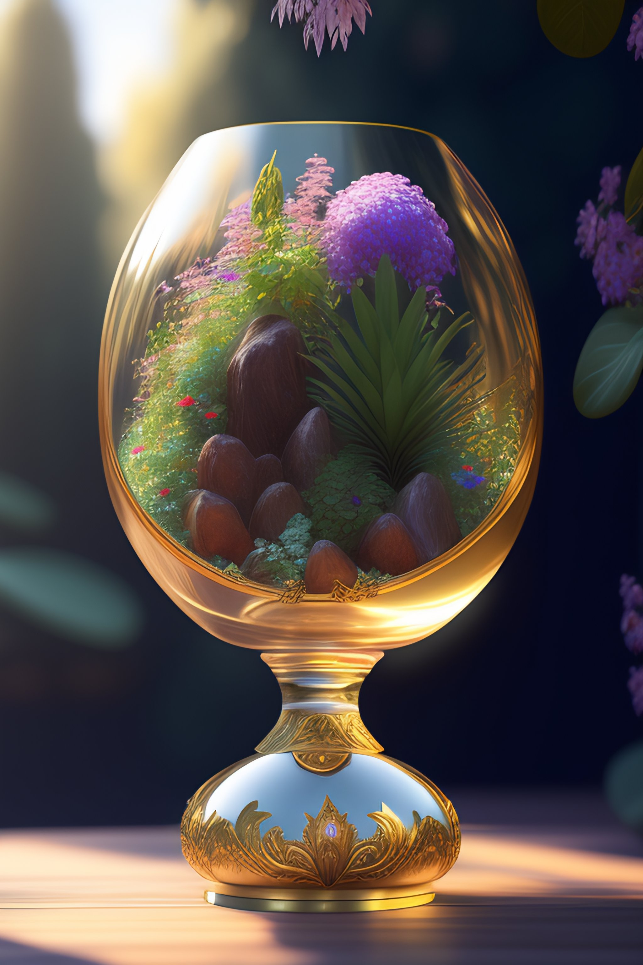 Lexica Beautiful elaborate oasis contained in an ornate glass vase by