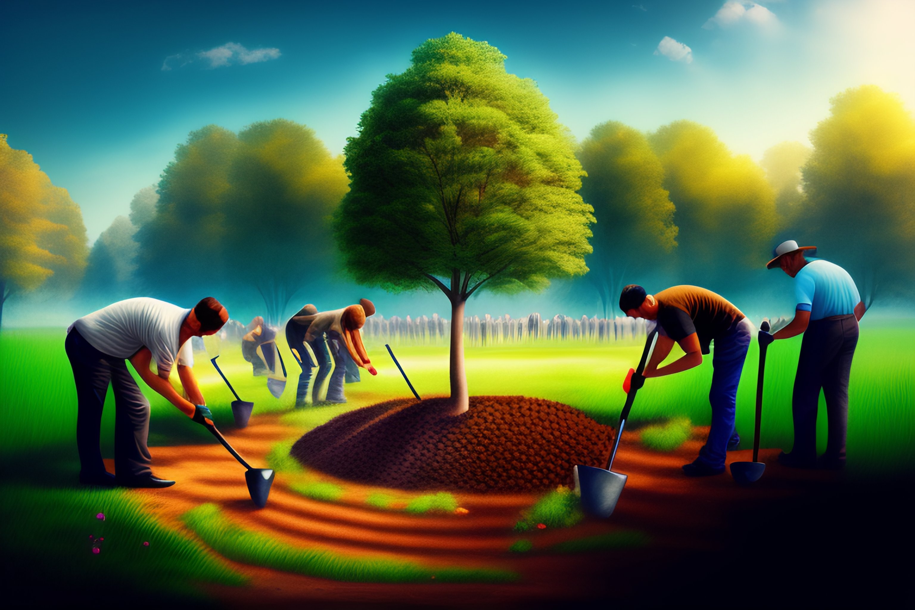 Lexica - A group of people planting trees in a park. detailed