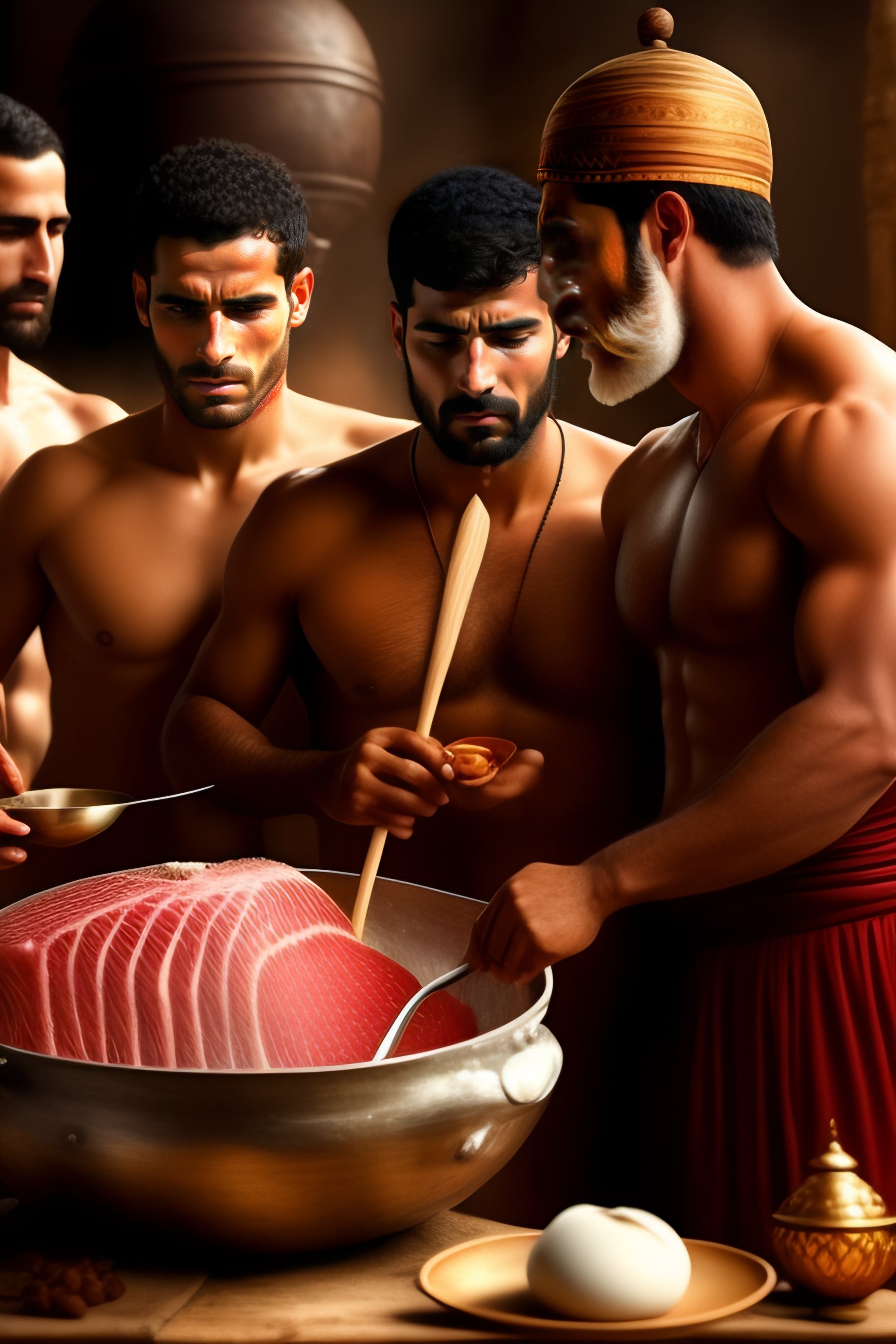Lexica - Mesopotamic people eating boiled meat dull hd hyper realistic
