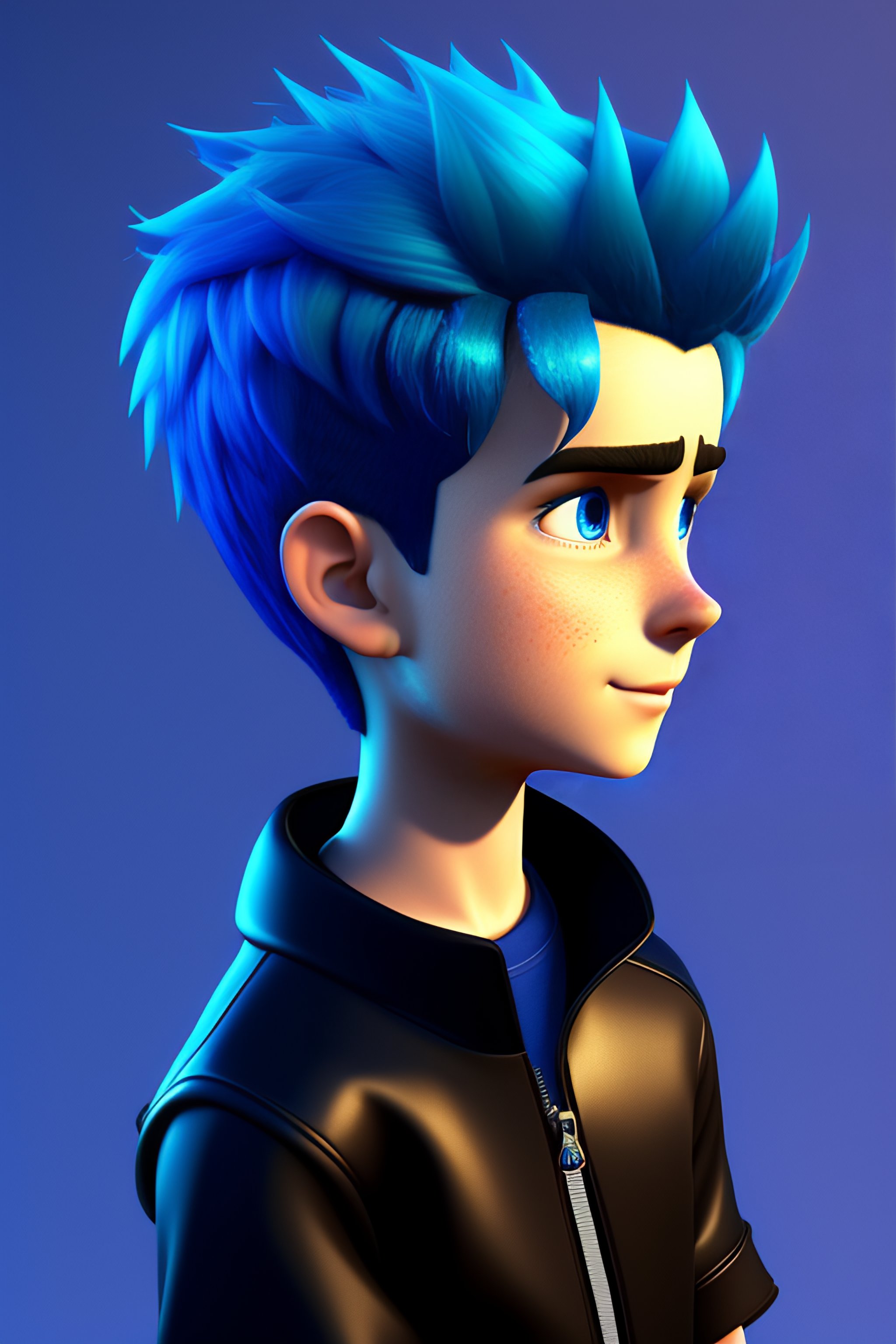 Lexica - Blue hair boy in black zipper top, pixar style, 3d style ...