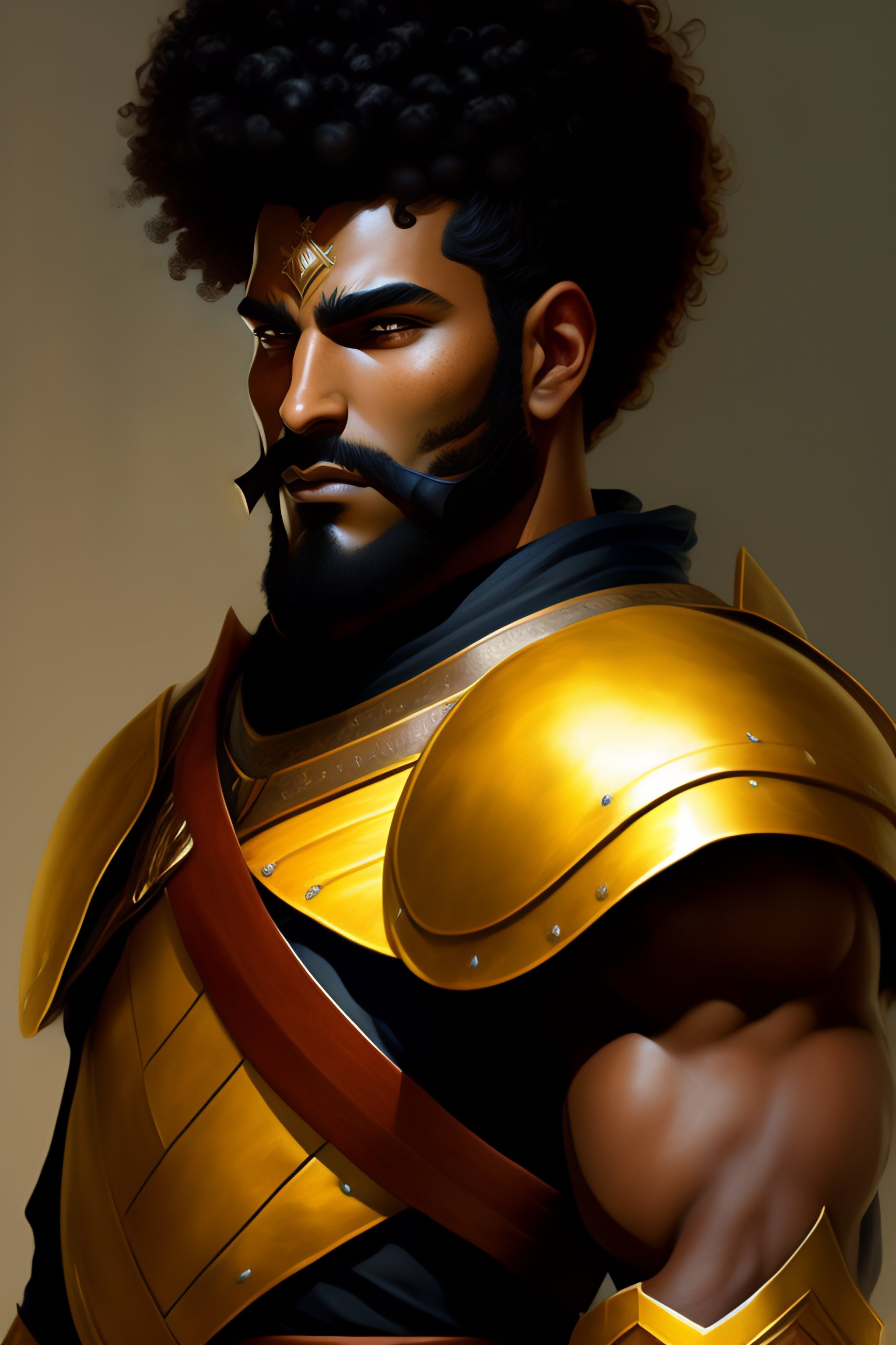 Lexica - An Arab man, brown skin, light beard, curly hair, swordsman,  armor, modern, hero, leather , yellow and charcoal, character concept art,  cost...