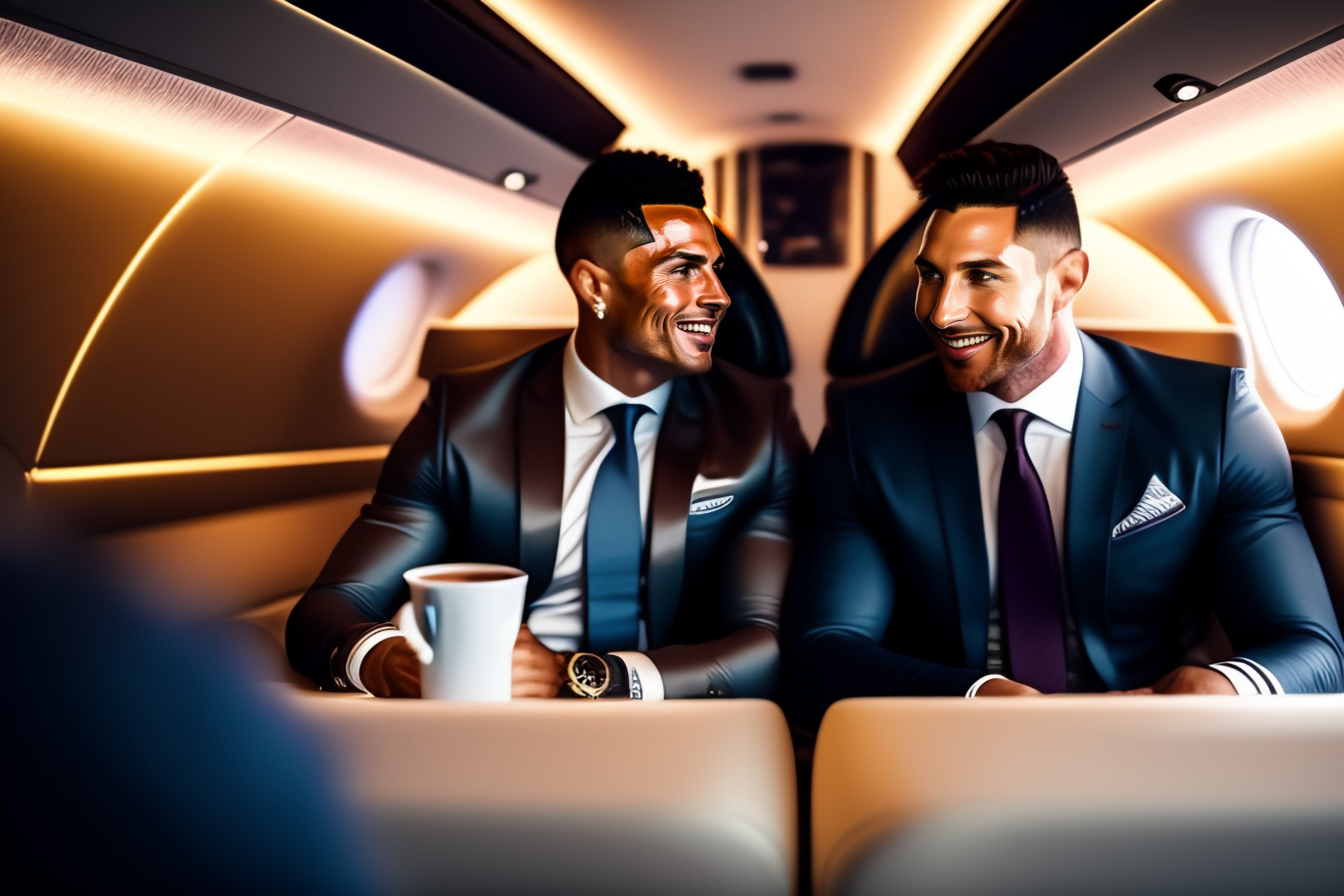 Lexica - 8k realistic shot of c-ronaldo and lionel messi, sitting in ...