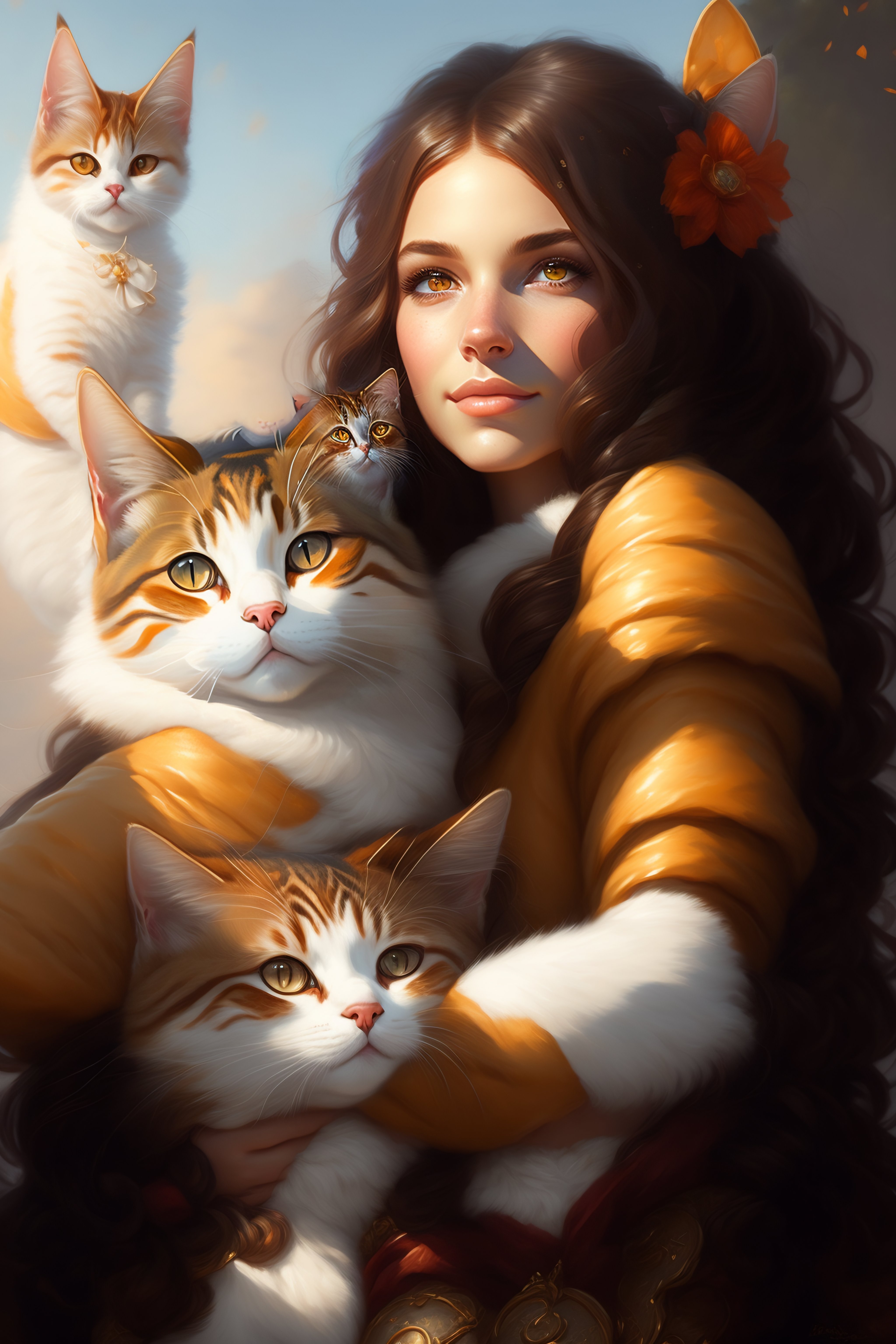 Lexica - A detailed portrait of a cute brunette girl hugging a tabby ...