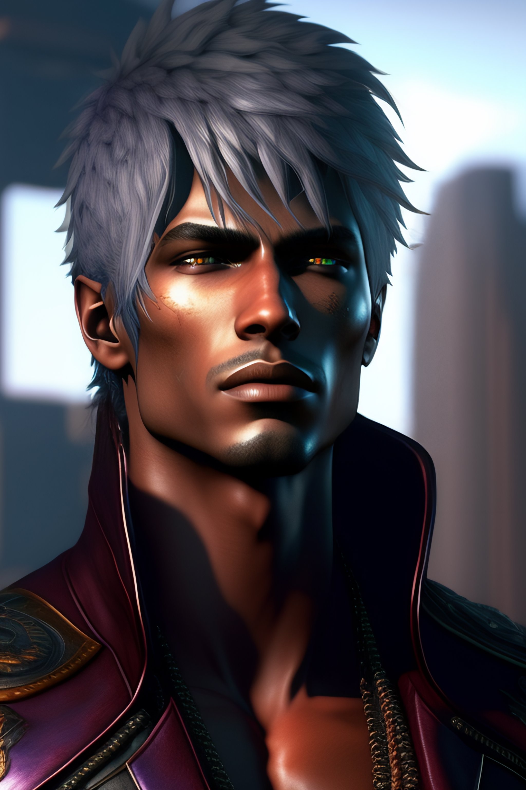 KREA - portrait of dante from devil may cry 4, medium length hair,  realistic, high quality, unreal engine, highly detailed face, sharp focus,  depth of field, ambient lighting, ray tracing, 8k, hdr