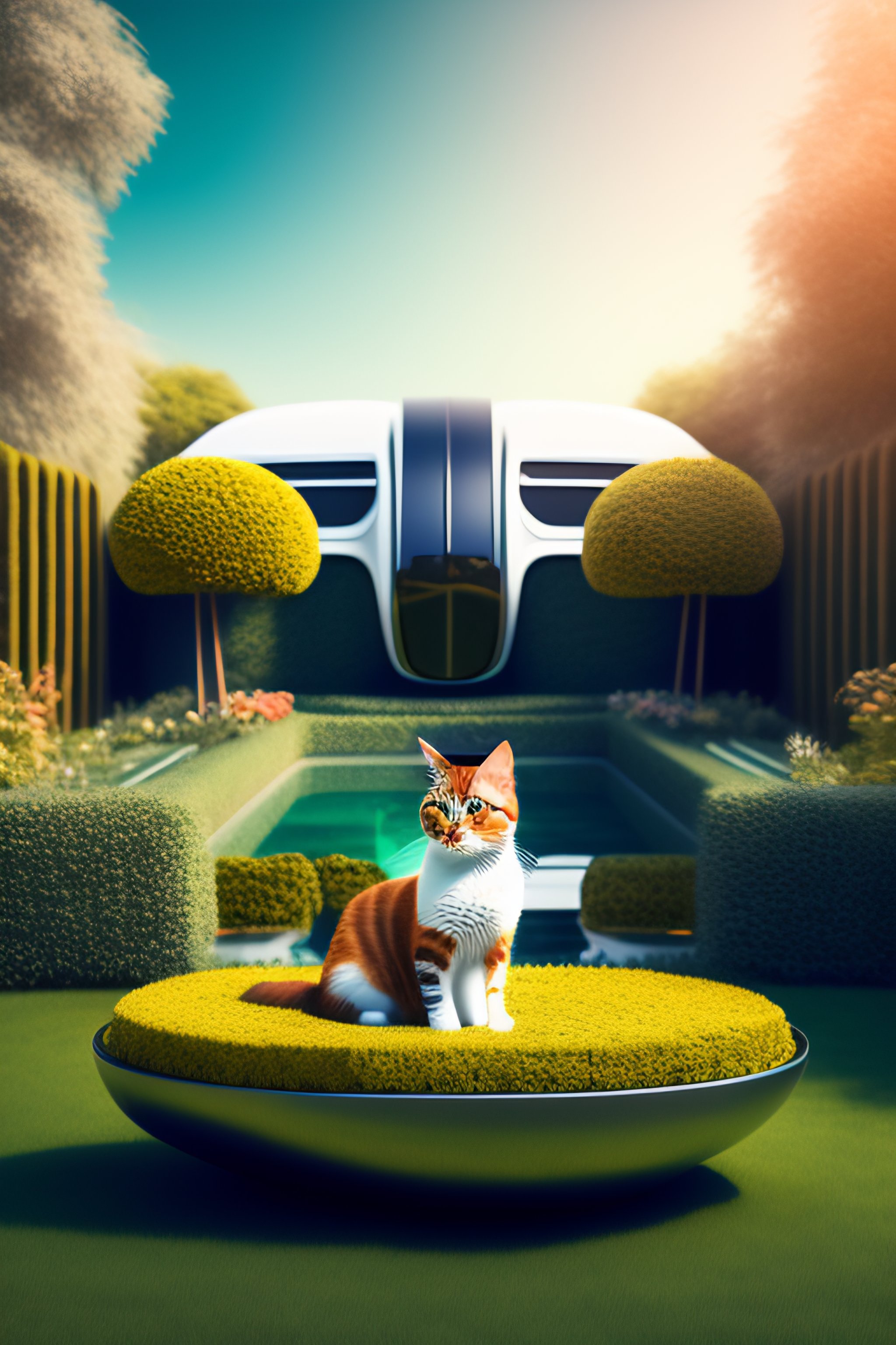 Lexica - Portait of a robot cat in a futuristic garden with a ...