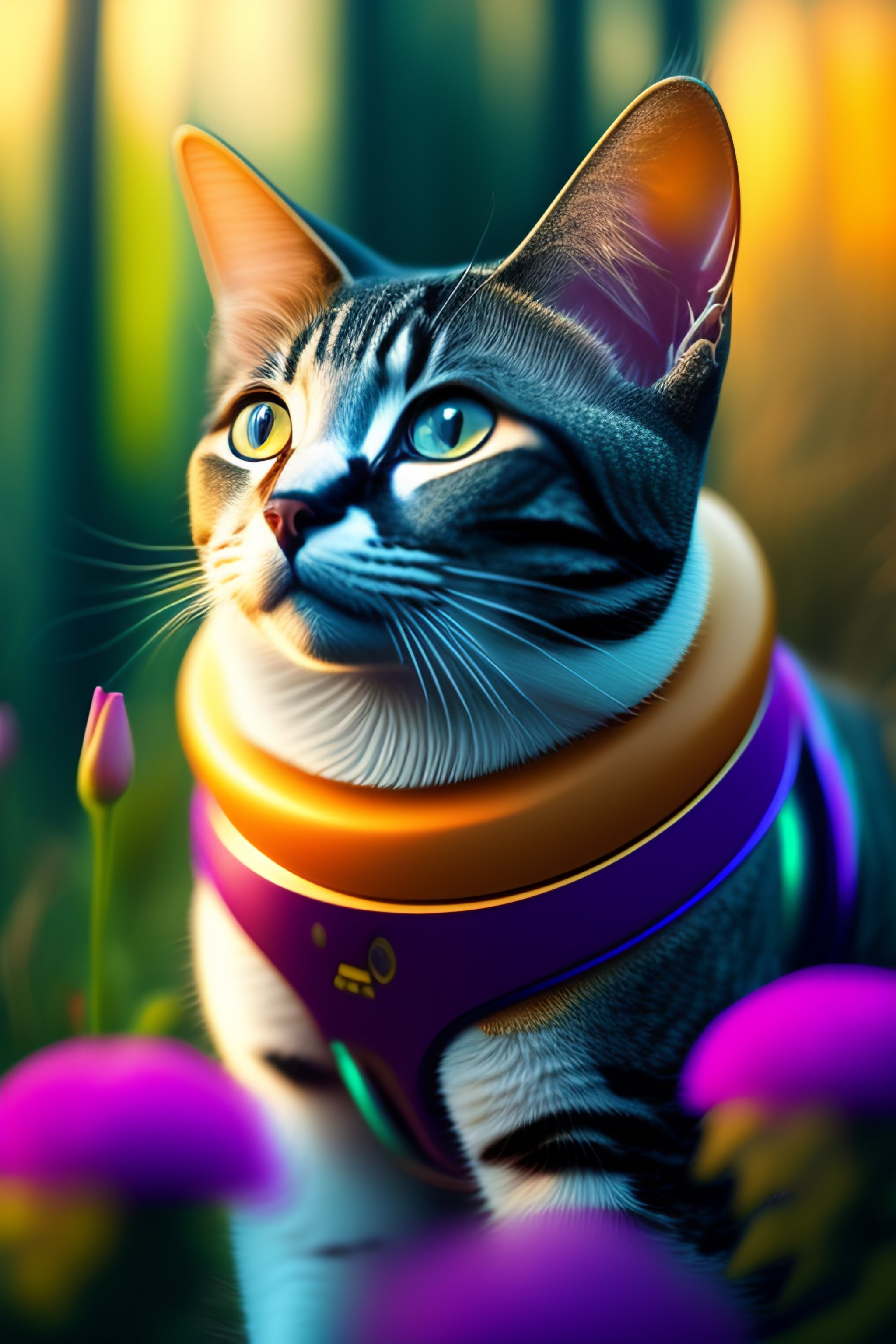 Lexica - Portait of a robot cat in a futuristic garden HD colorful