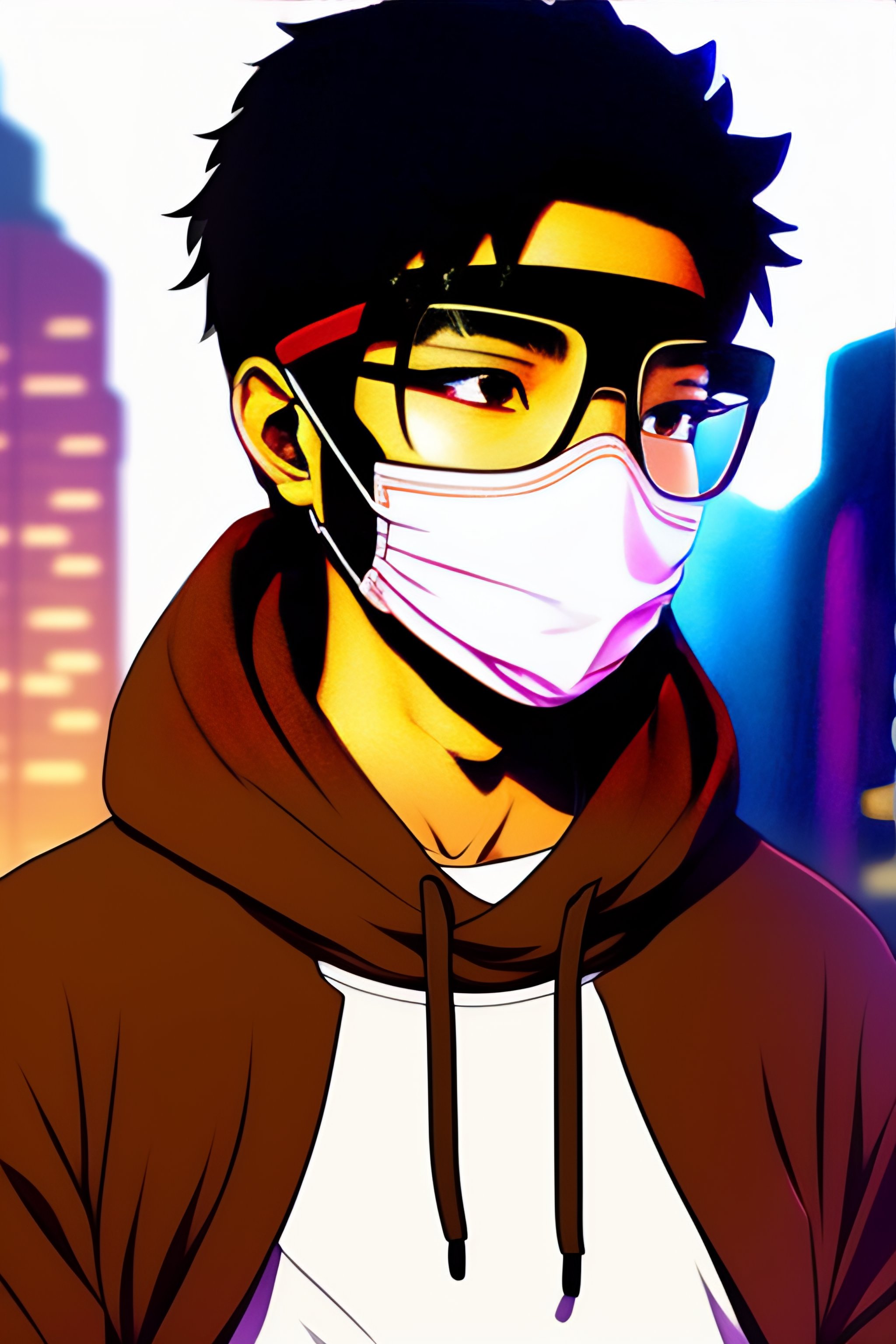 Lexica - Anime brown guy in black hoodie, wearing mask, coder, brown face,  glasses, light brown skin, hacker, white background, anime style, manga,  c...