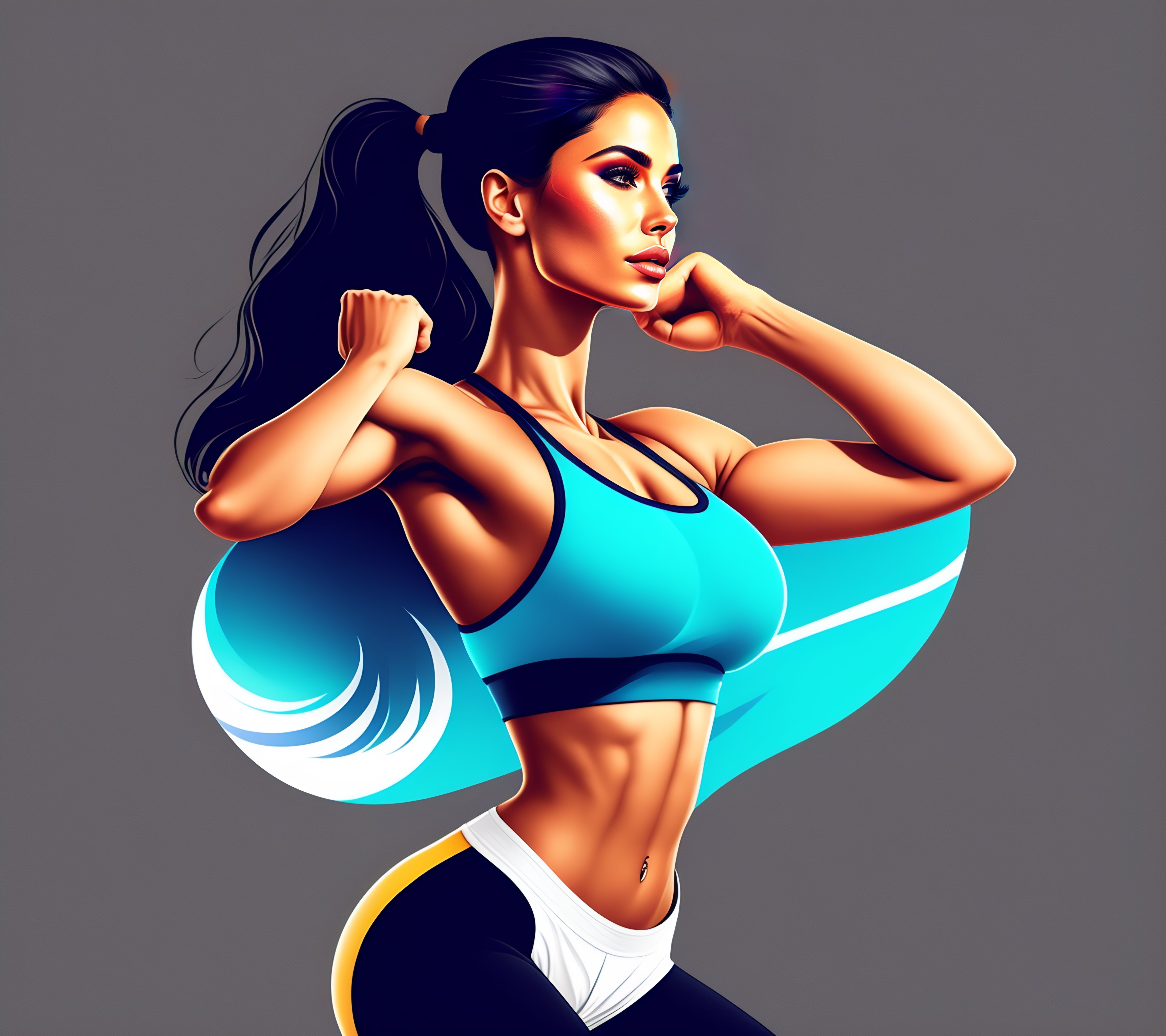 A woman in a sports bra top and shorts, featured on dribble, superflat,  dynamic pose, behance hd, flat shading, blond, app icon, black and w -  Lexica