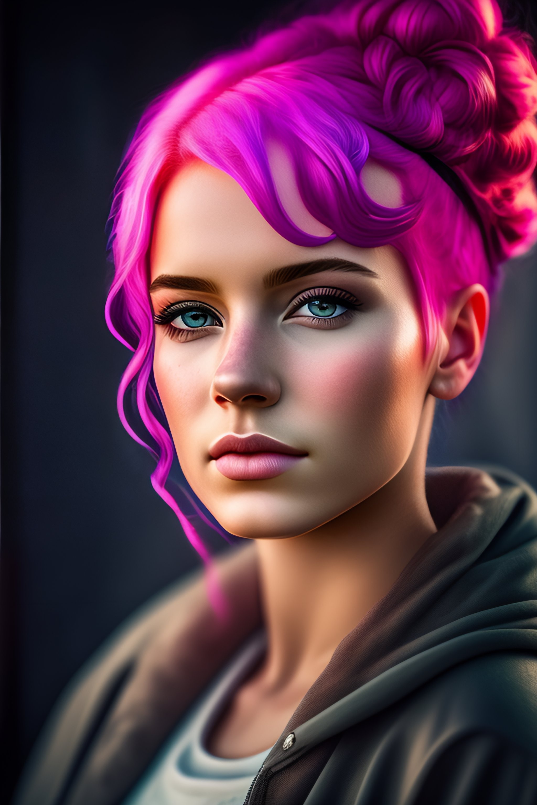 Lexica - Portrait of a girl with pink hair and gray eyes, cinematic ...