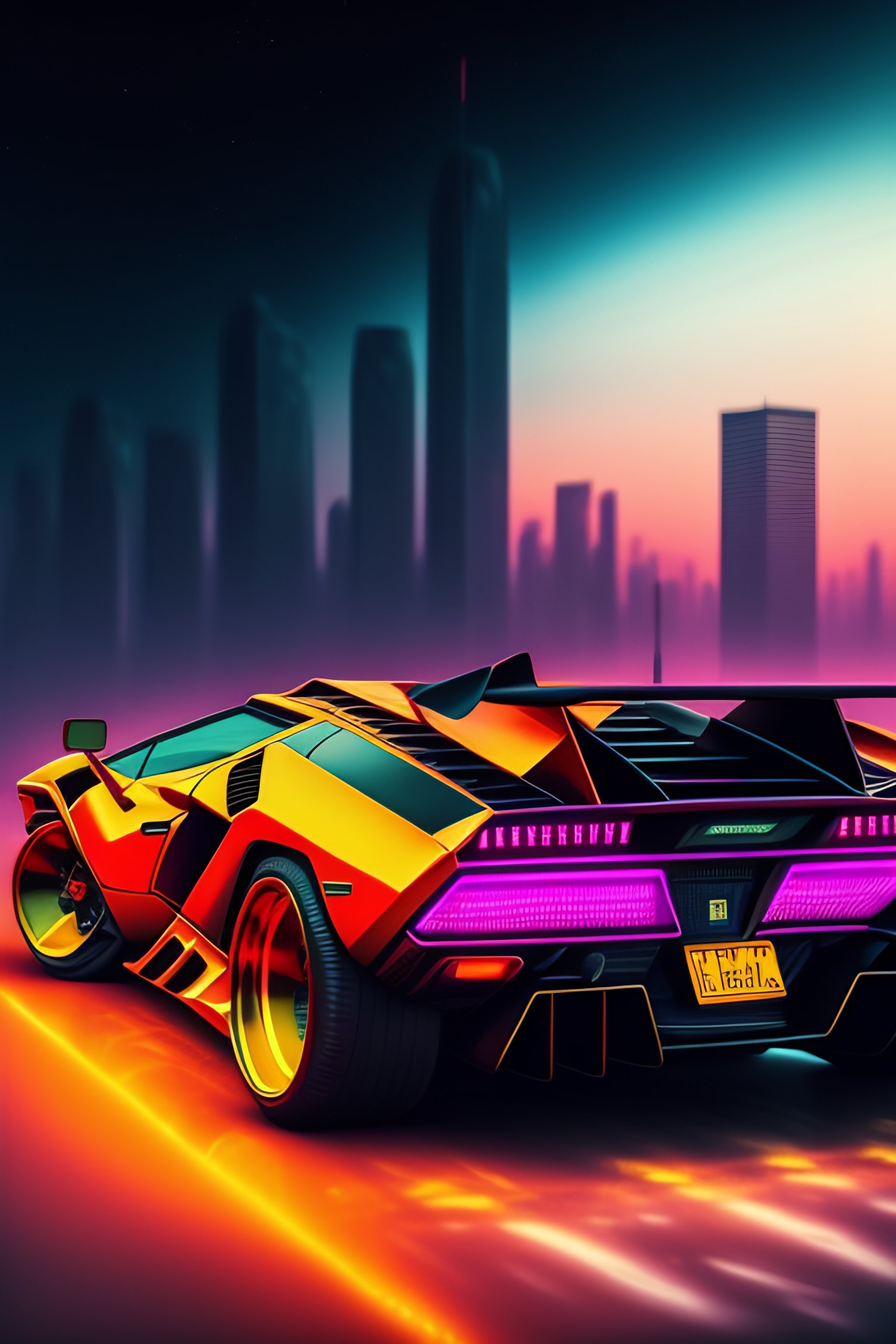 Lexica - Cyberpunk, Lamborghini Countach, city, neon, retro, sun, realistic