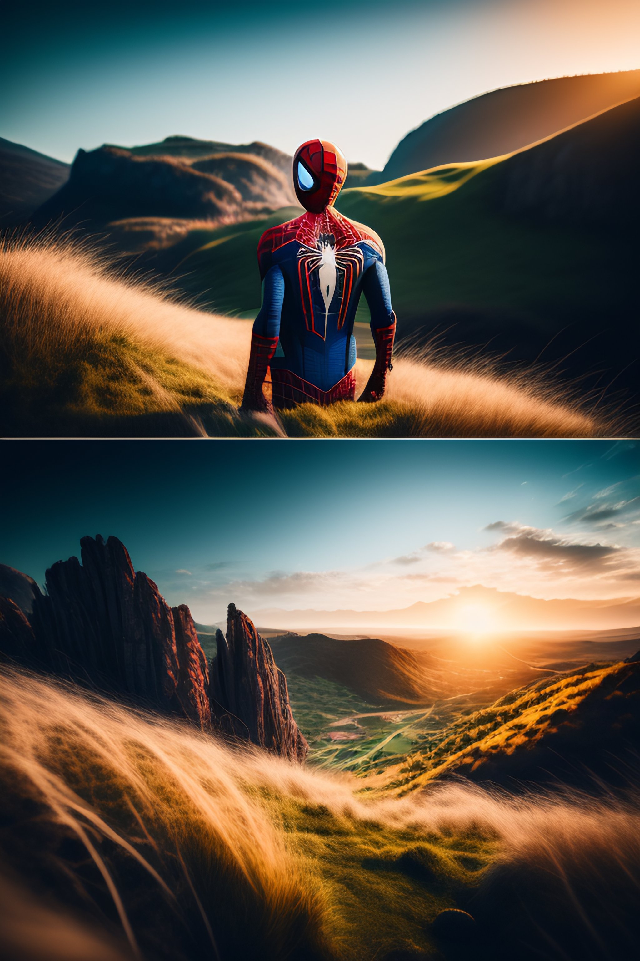 Lexica Spiderman Grassy Hills Cinematic Composition Dramatic Pose Beautiful Lighting