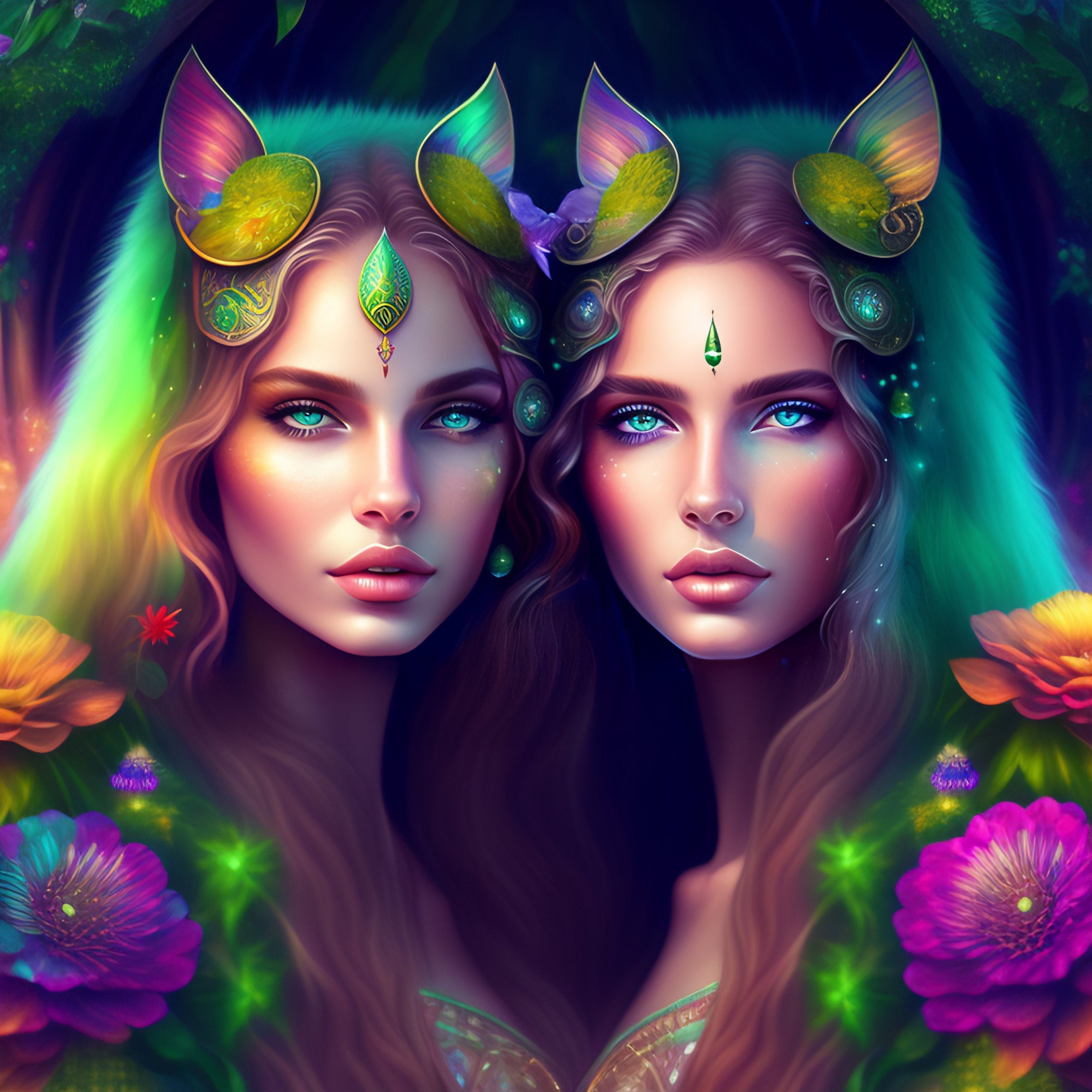 Lexica - Twin sisters, beautiful mystical creature, fantasy art, magical  garden, green eyes, clear facial features, hyper detail, hyper surrealism,  c