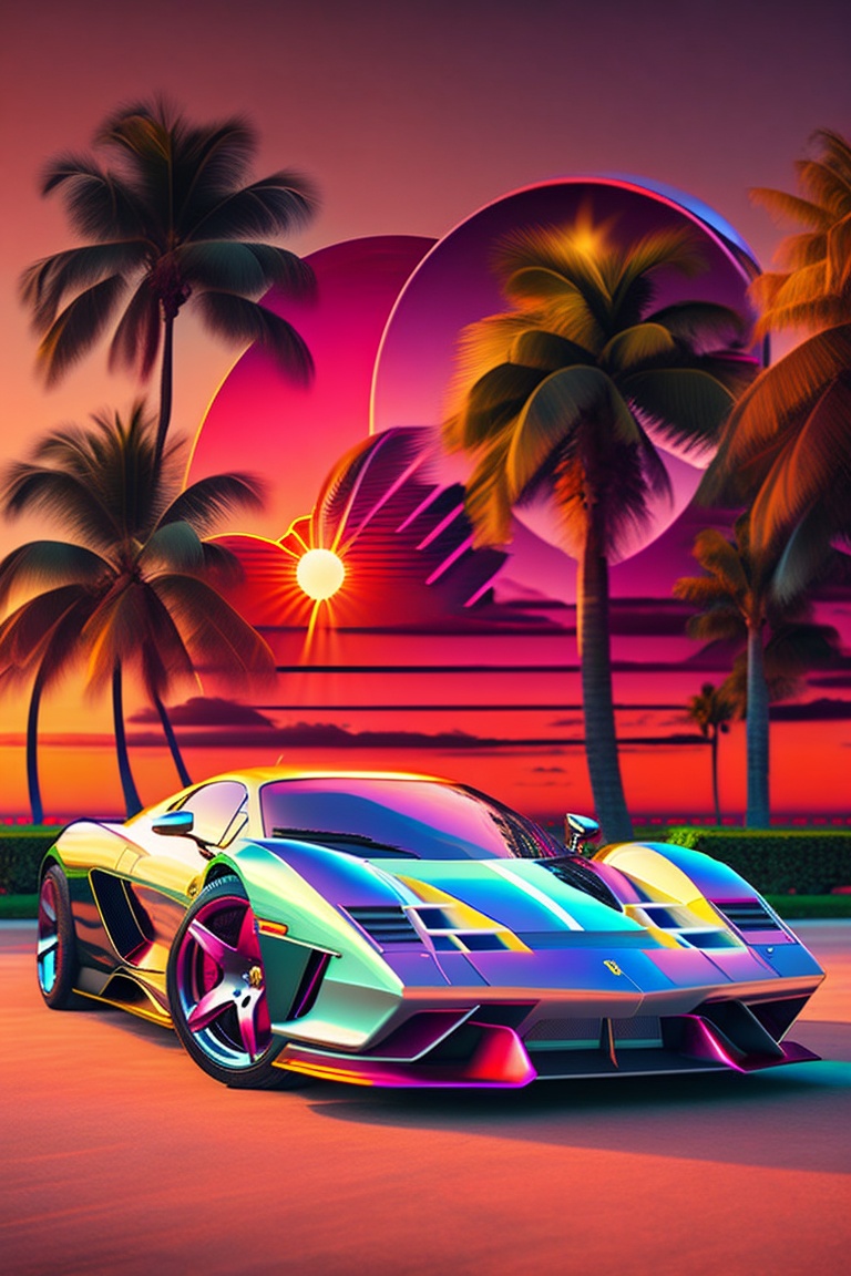 Lexica - Retrowave, Miami, palm trees, supercar, sun, realistic ...