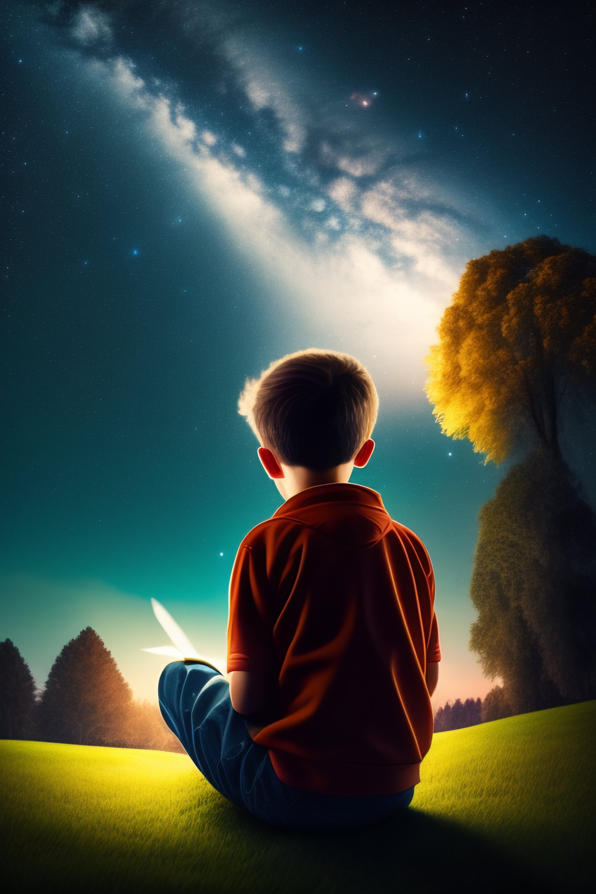 Lexica A boy sitting under a tree looking at the sky, with a book in