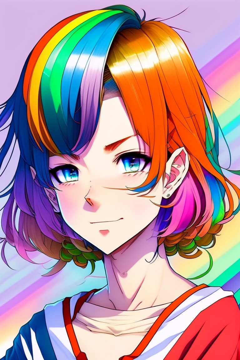 Lexica - 90s vintage anime, drawing, illustration, rainbow colors, 1girl,  rainbow shirt, rainbow pants, rainbow hair