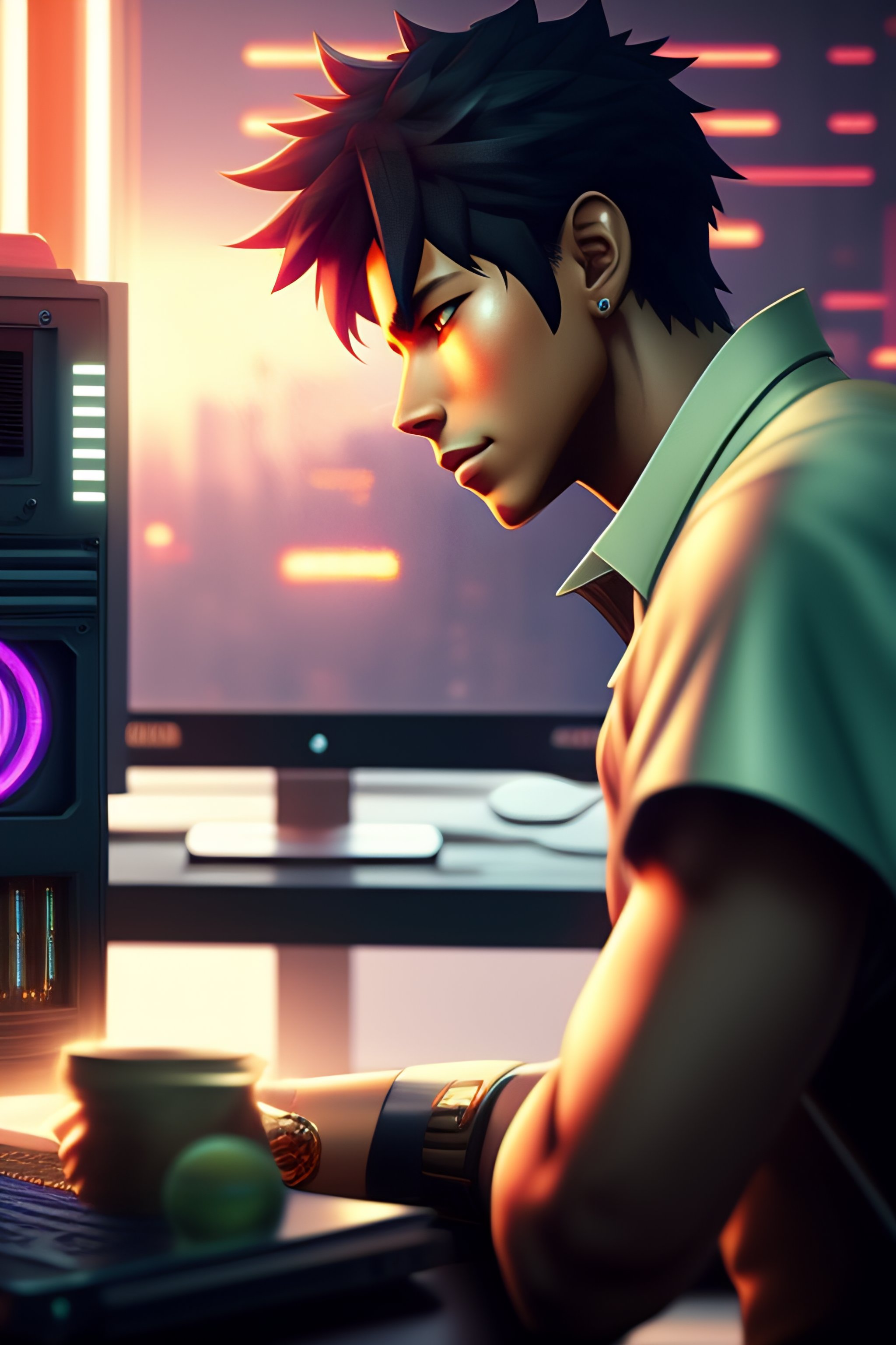 Lexica - A guy in front of an old-school styled cyberpunk steam ...