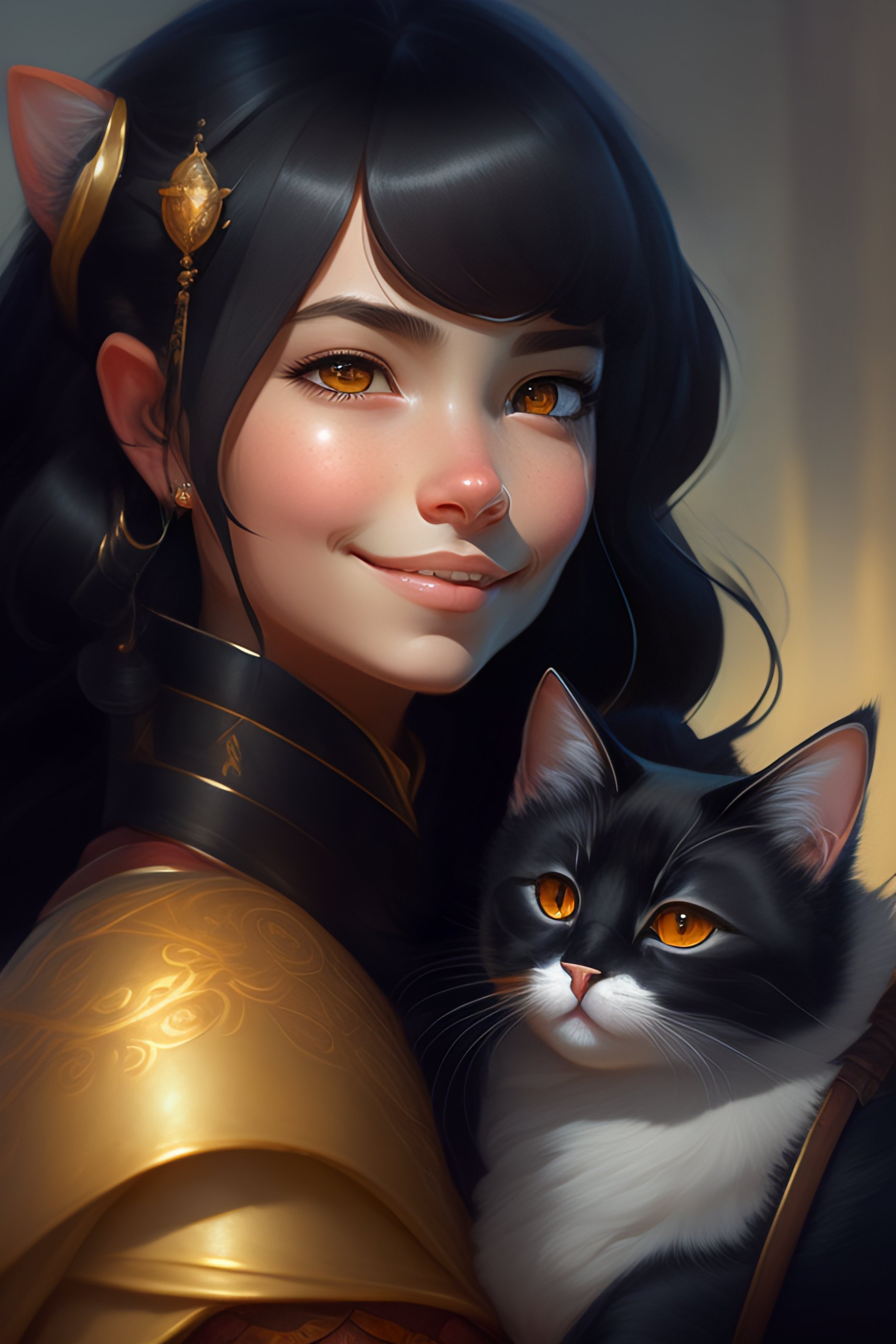 Lexica - A detailed portrait of a cute black hair girl hugging a tabby ...