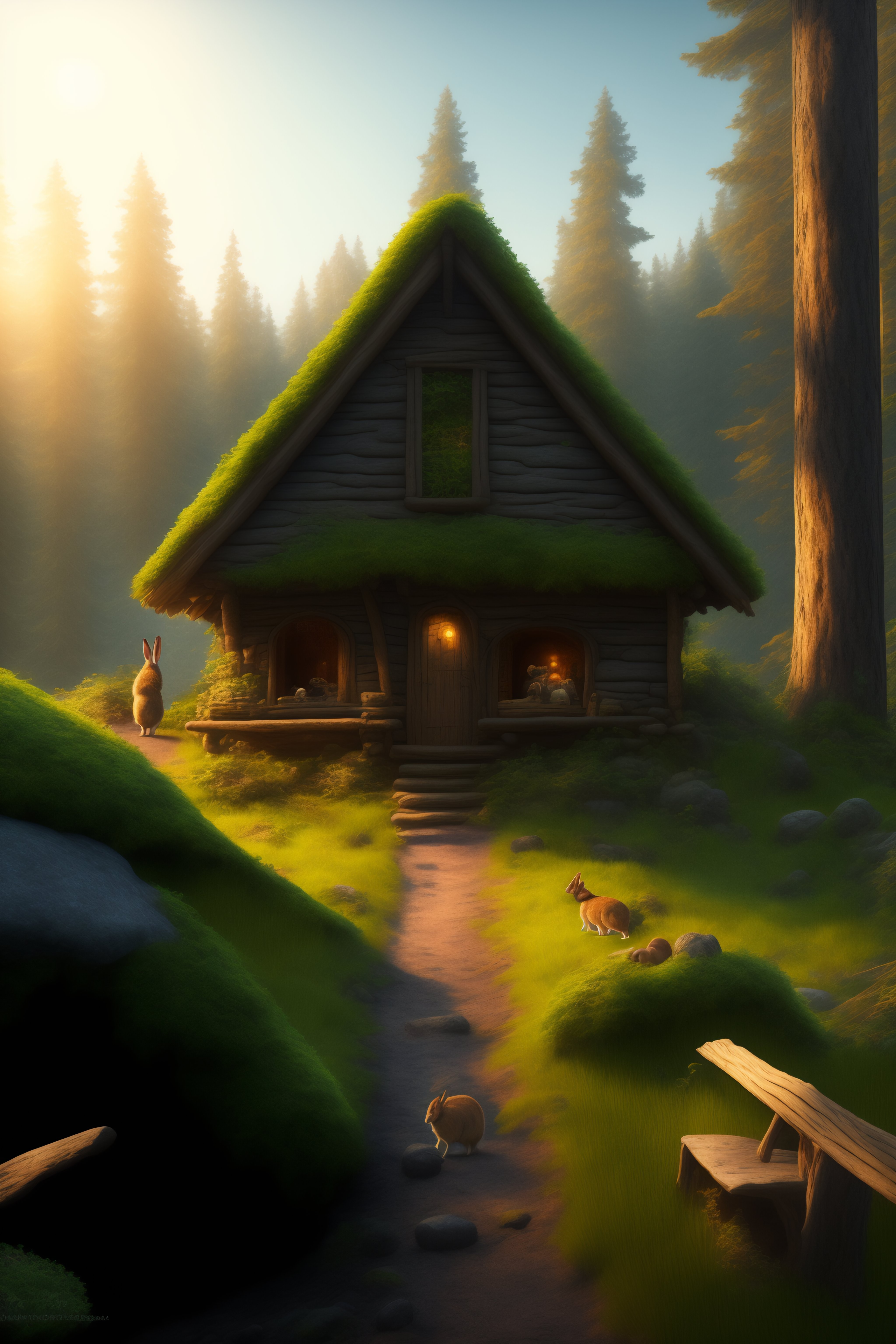 Lexica - Establishing a wide shot of Peter's rabbit home in the forest.