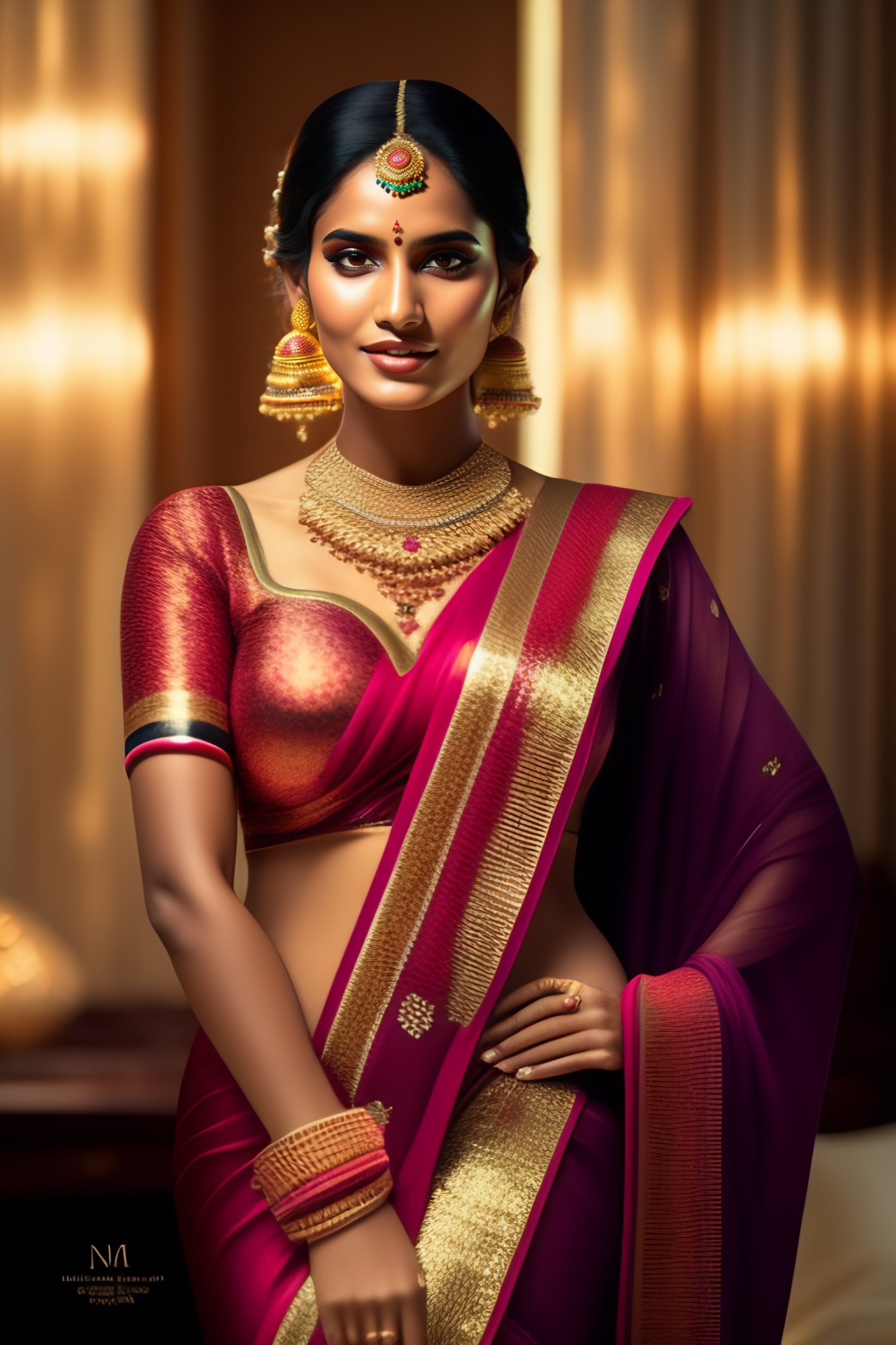 Lexica - Young indian woman in a saree, massive downblouse, fit body,  wearing saree, wearing kebama