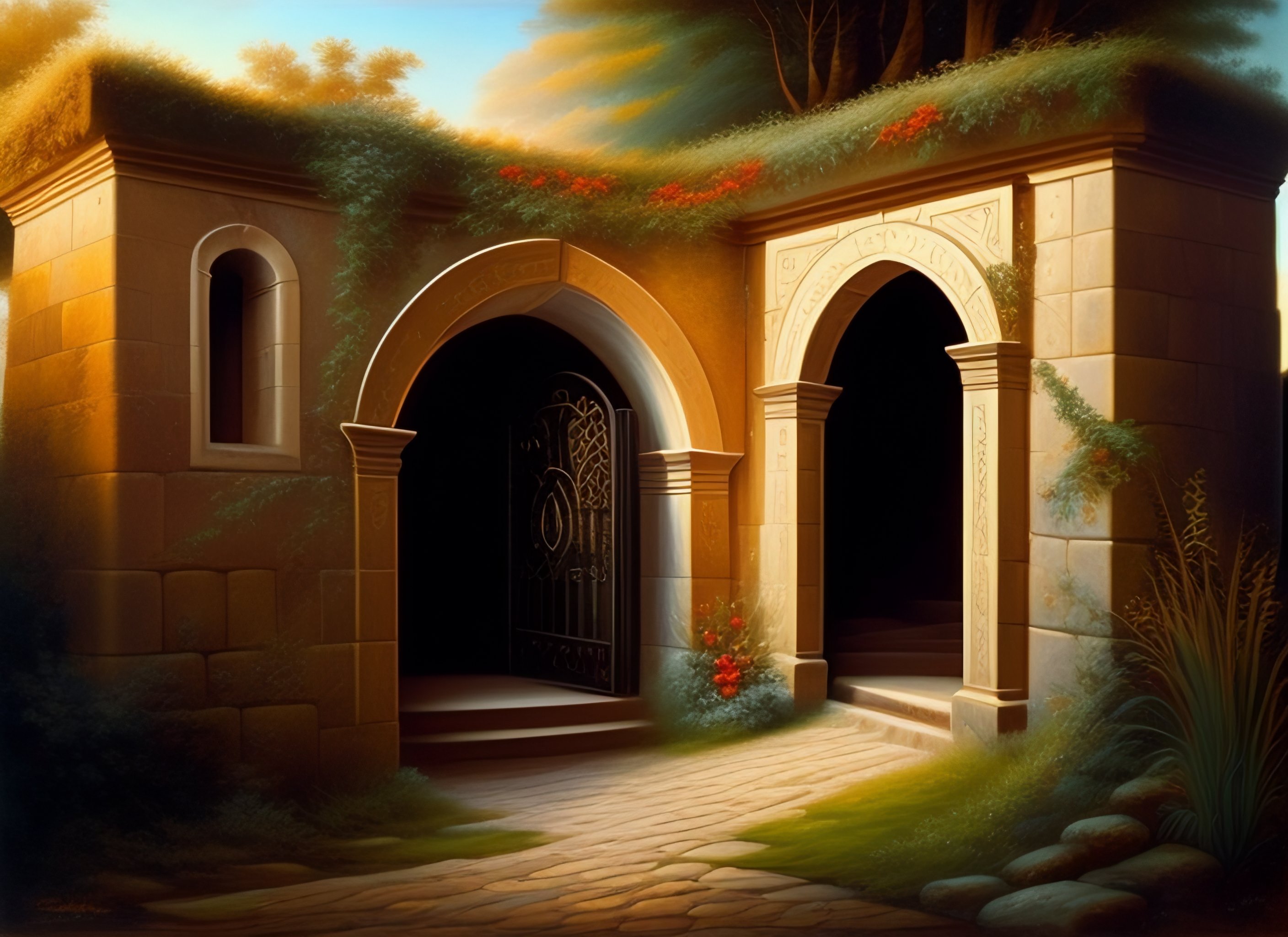 Lexica Entrance to a family crypt built into a hillside, painting
