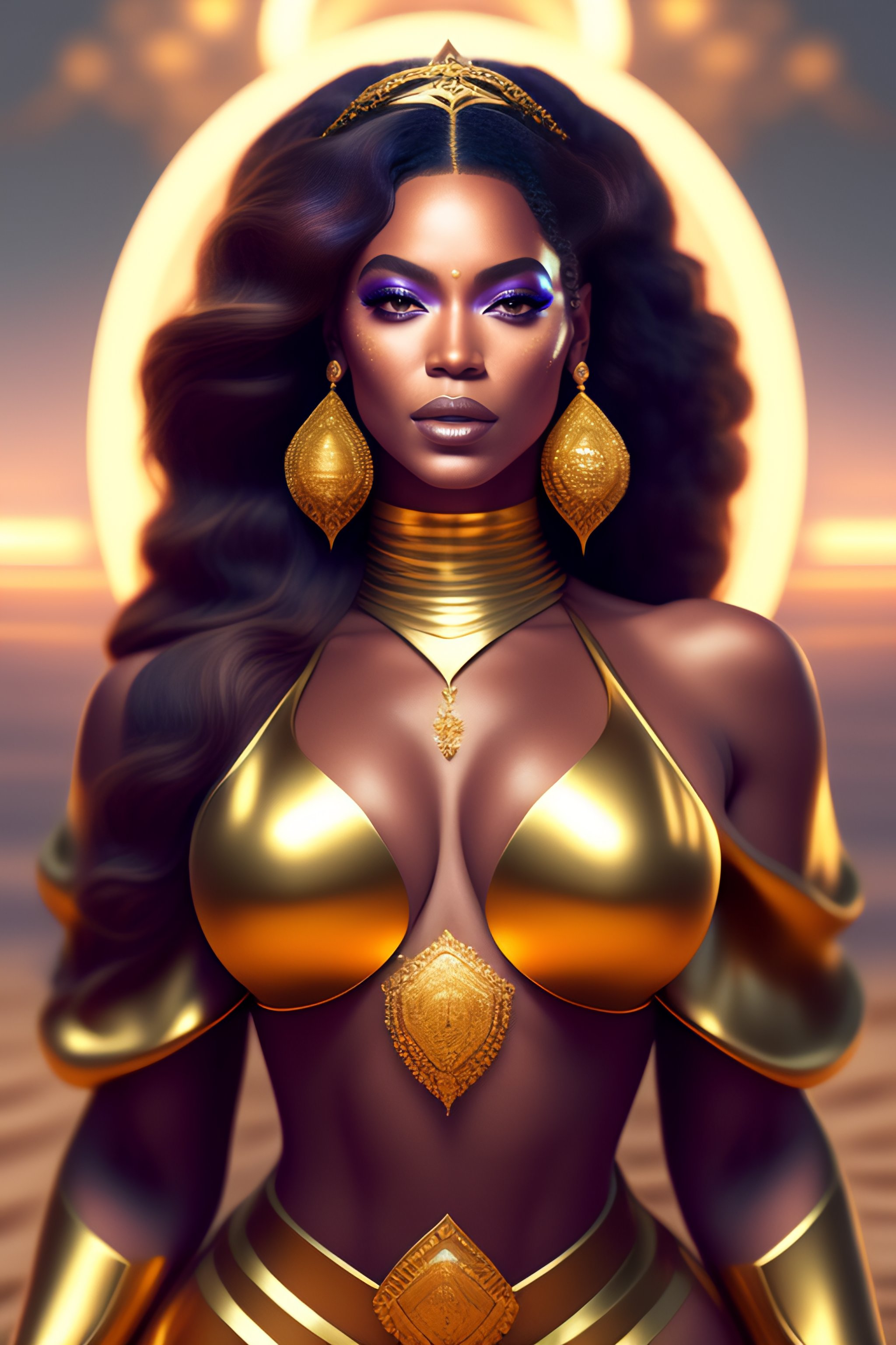 Lexica A Beautiful Cinematic Beyonce Sand Goddess Golden Dress Glow Golden Tatto Galatic