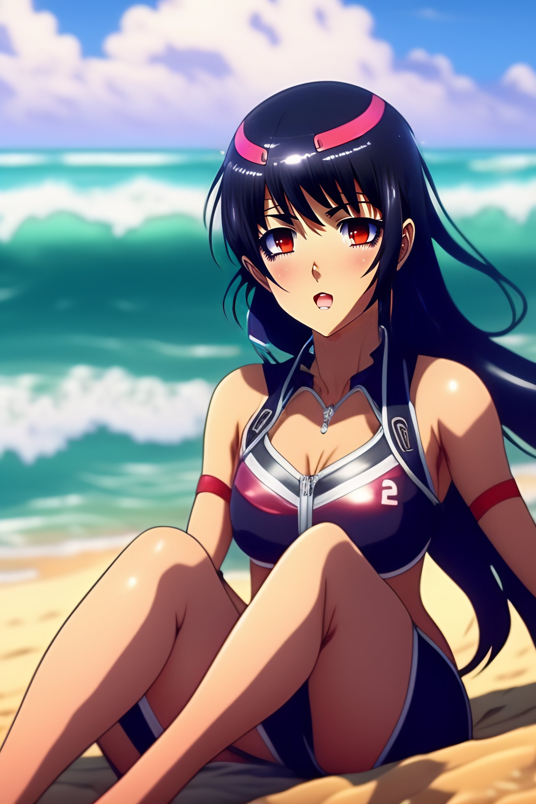 Lexica - 90s anime vintage brawny enthused cute shy mikasa Ackerman with  shiny dark eyes from attack on titan at beach sitting down on the sand.  Long