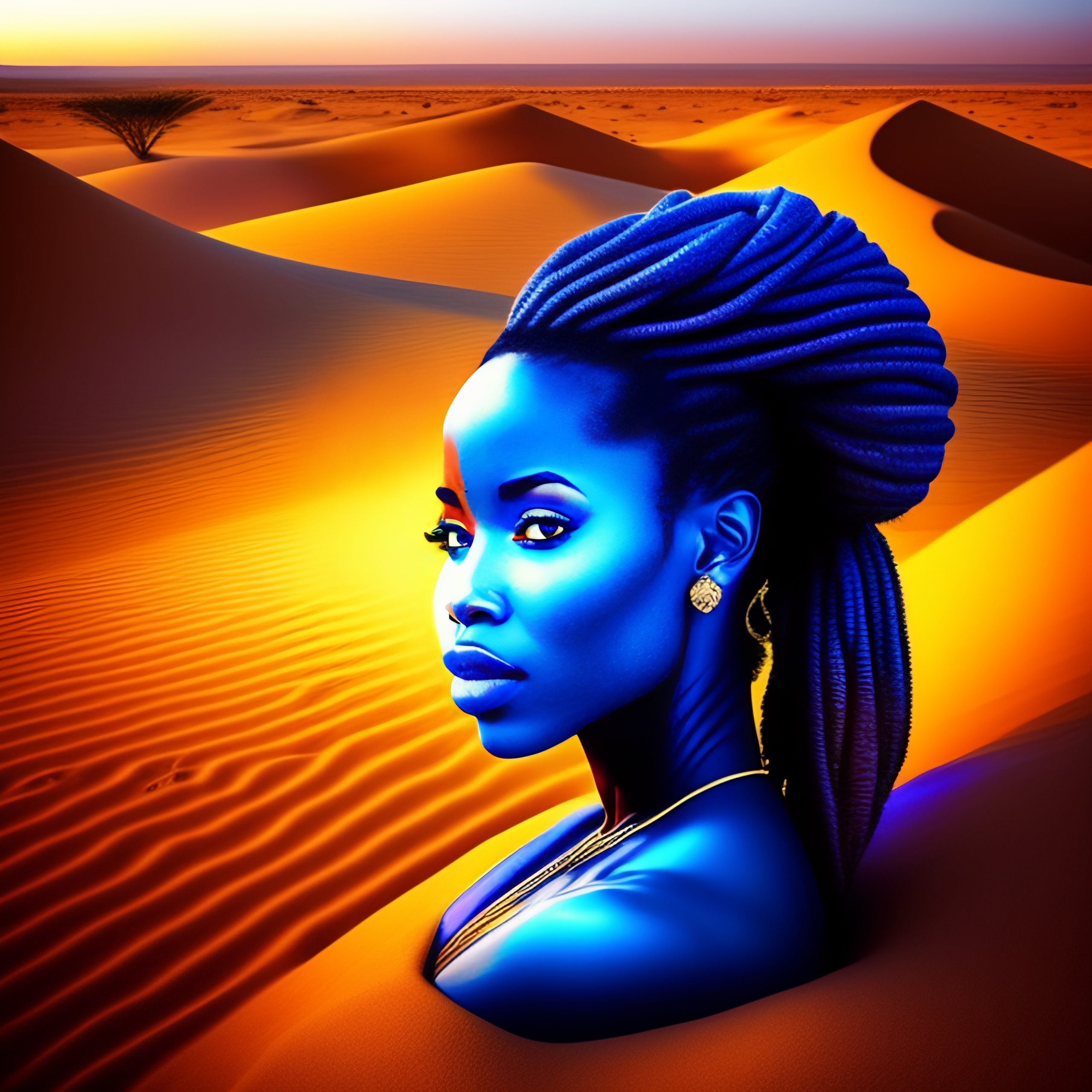 Lexica Lovely African Women With Blue Skin Has A Desert Journey With Footprints In The Sand 