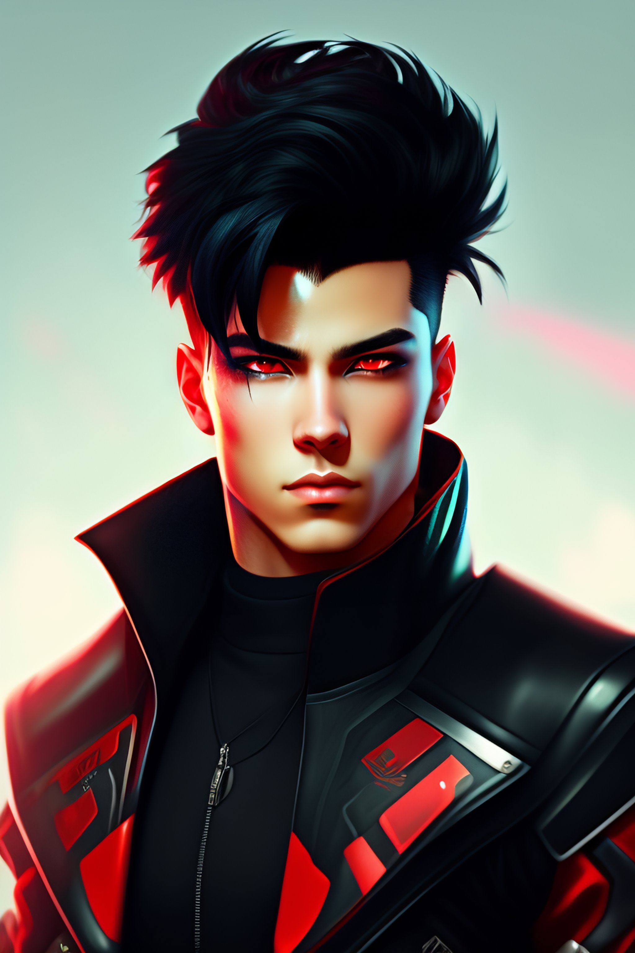 Lexica - Cyberpunk boy, pompadour, black hair, red eyes, highly detailed
