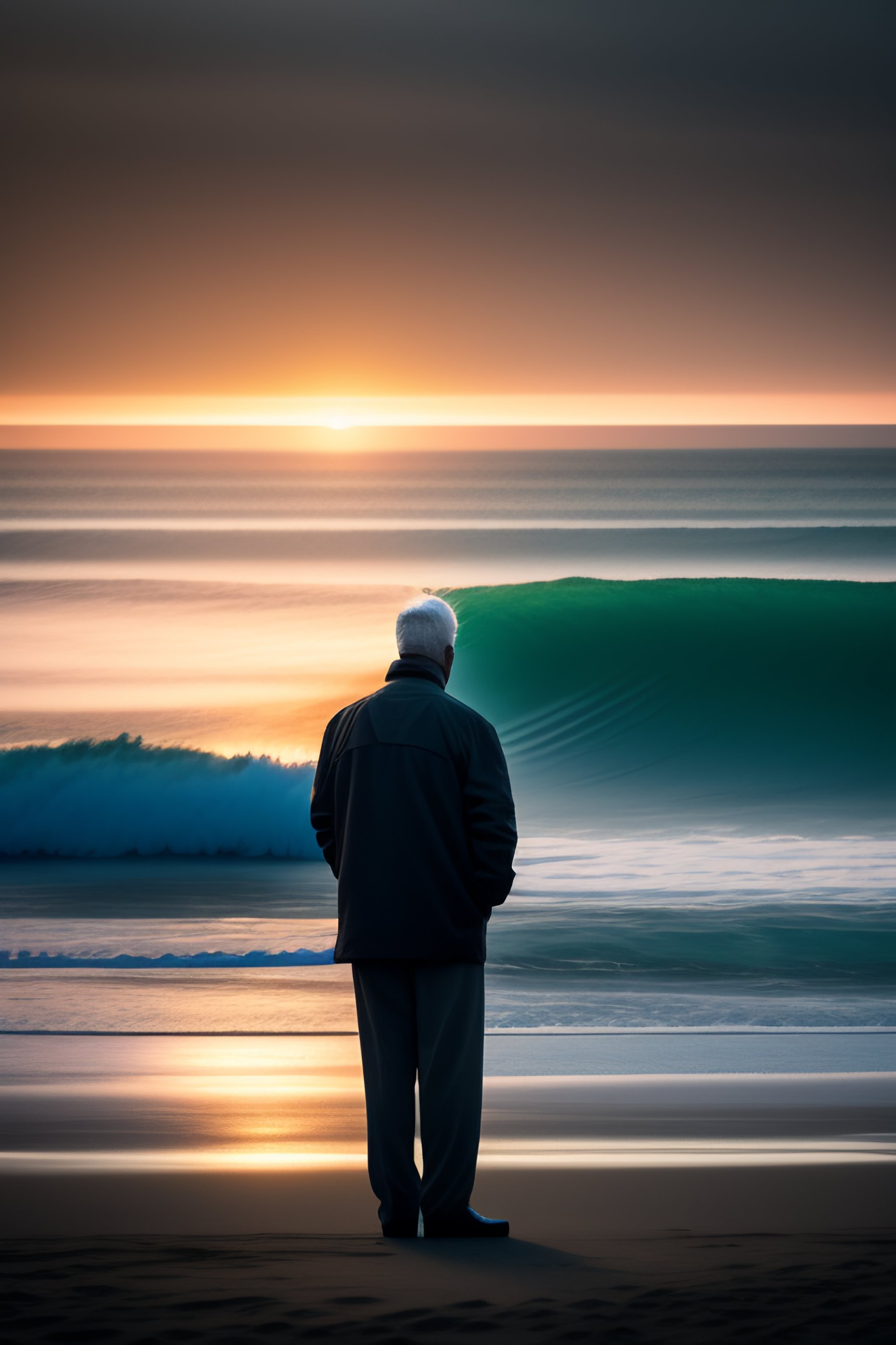 Lexica - An old man by a seashore at the end of day gazes the horizon ...