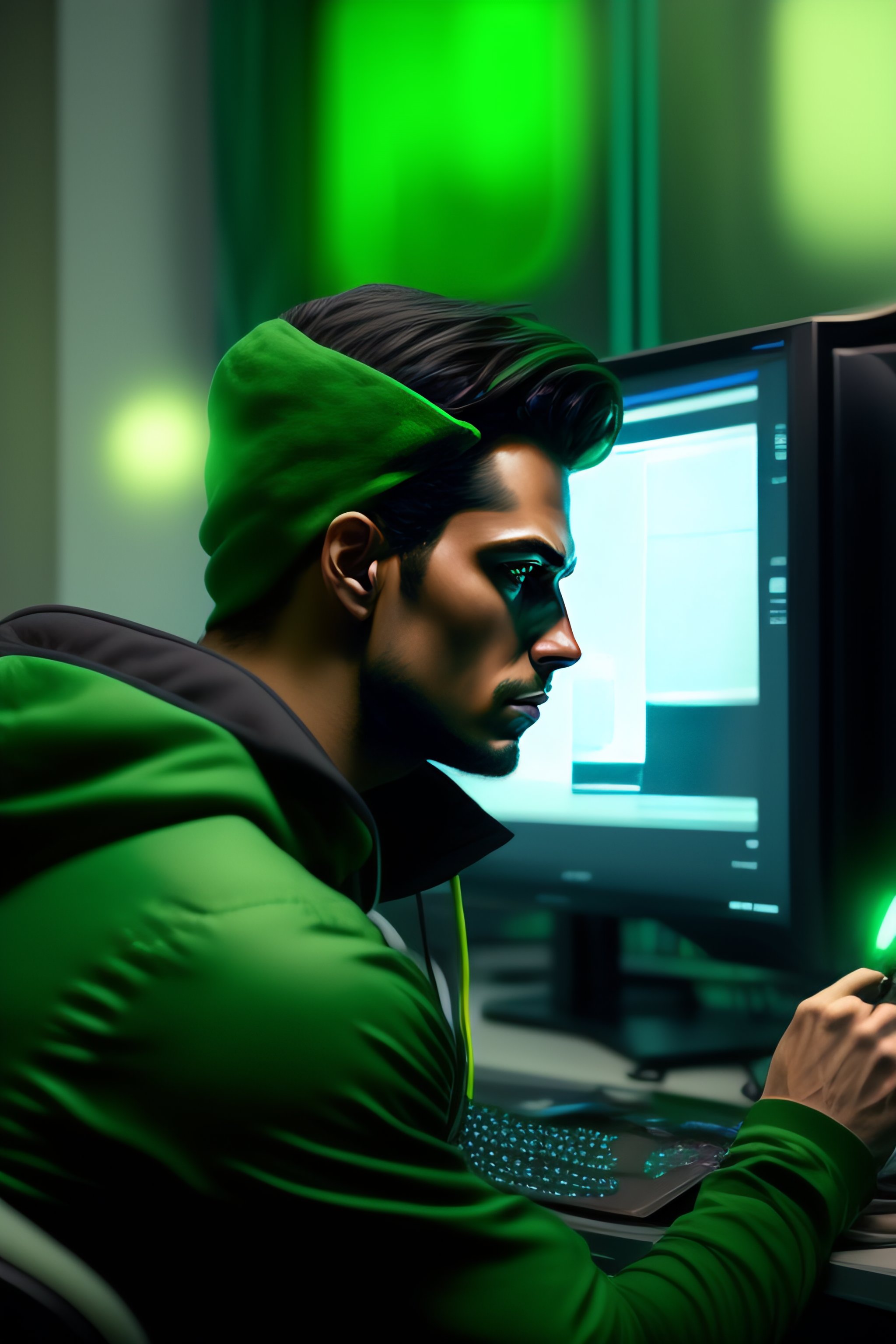 Lexica - A hacker sitting at his computer with green glare by raymond ...